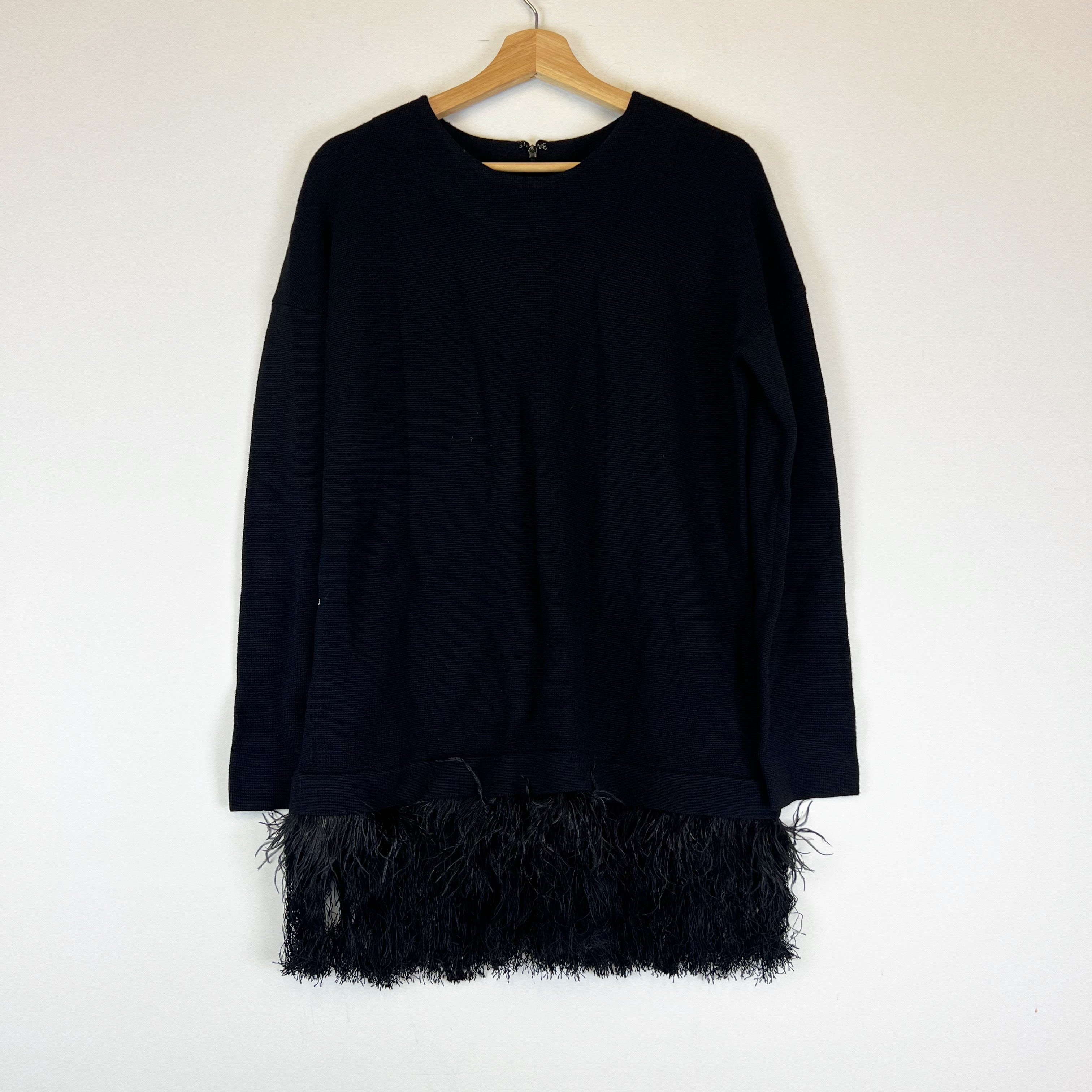 NEW Lela Rose Wool Silk Cashmere Knit Stretch Feather Fringe Trim Sweater Black