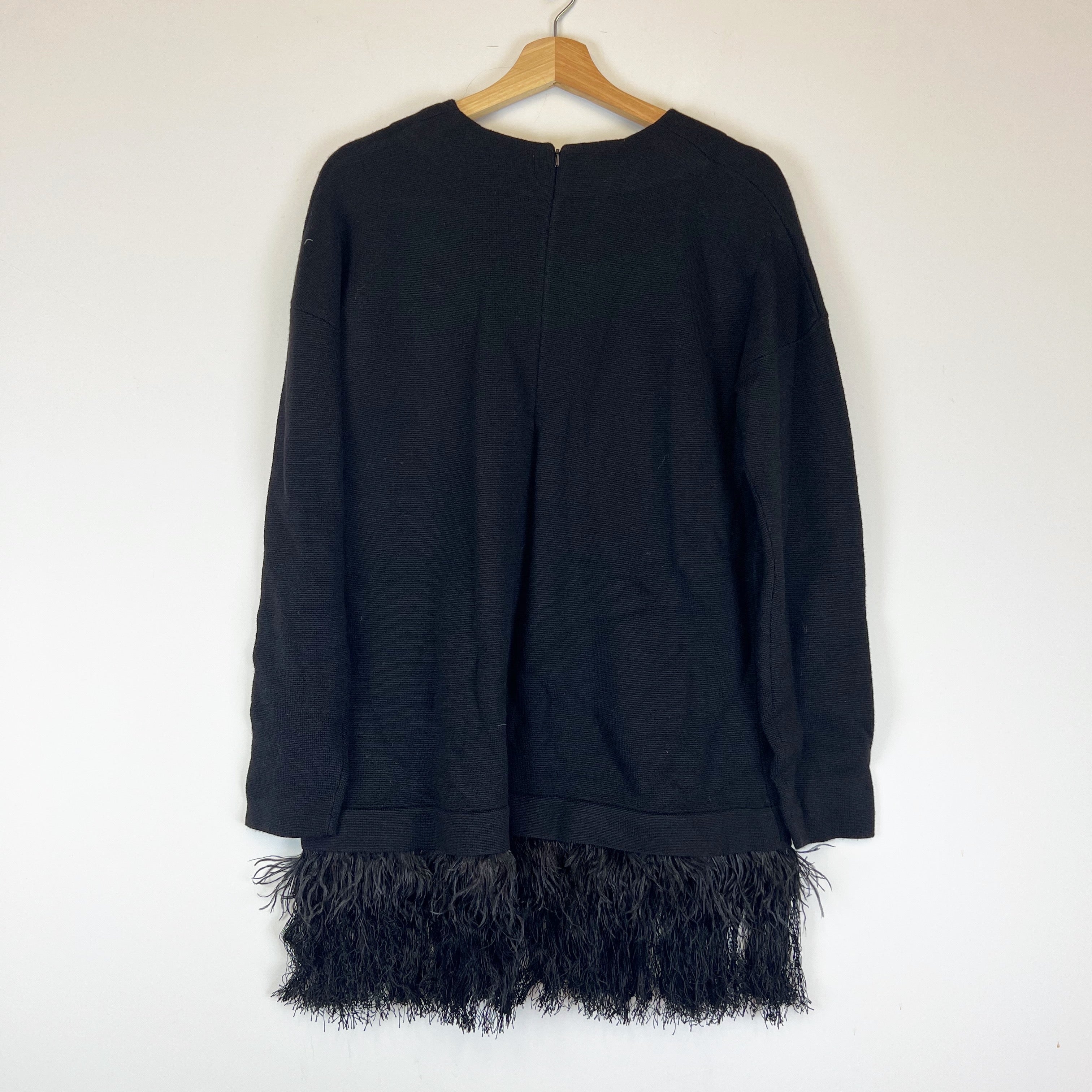 NEW Lela Rose Wool Silk Cashmere Knit Stretch Feather Fringe Trim Sweater Black