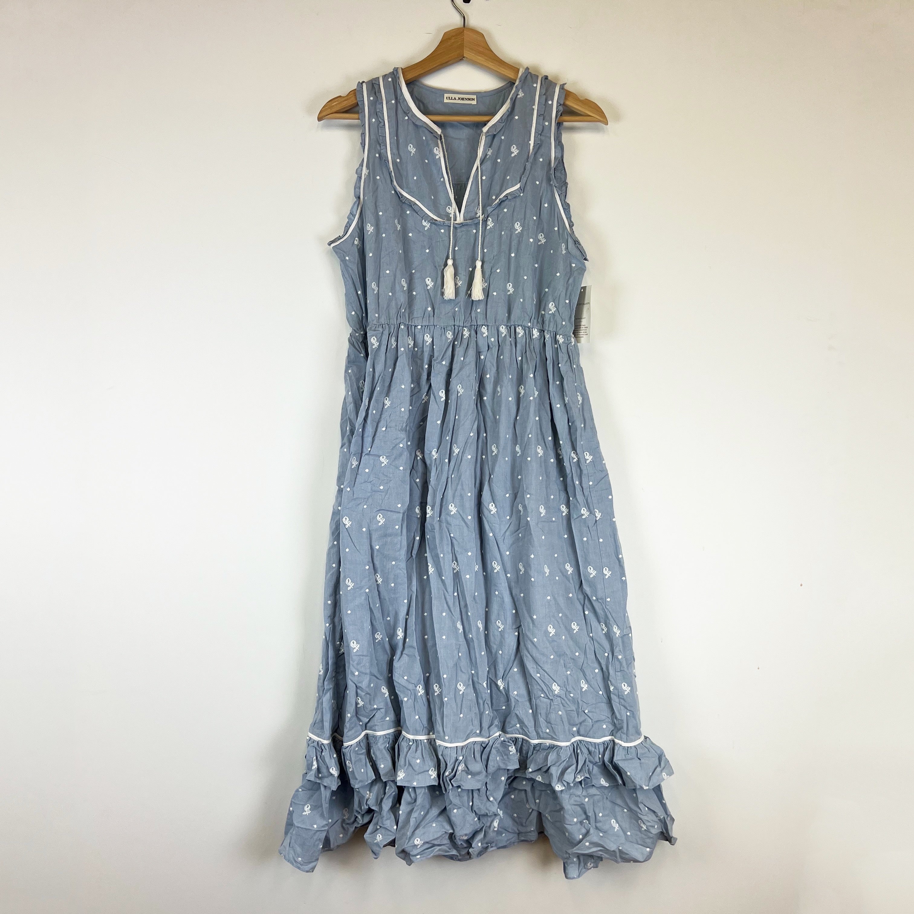 NEW Ulla Johnson Maelle Sleeveless Cotton Floral Embroidered Midi Dress Blue 10