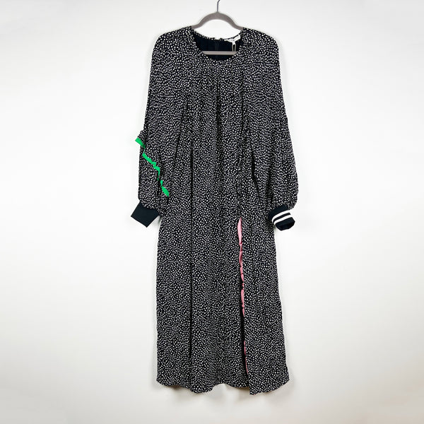 NEW Tibi Crepe Polka Dot Print Pattern Long Sleeve High Slit Midi Dress Black 8