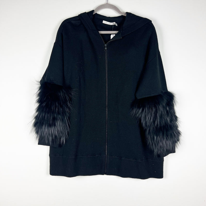 NEW Alice + Olivia Joey Wool Blend Stretch Knit Fox Fur Trim Hoodie Sweater M
