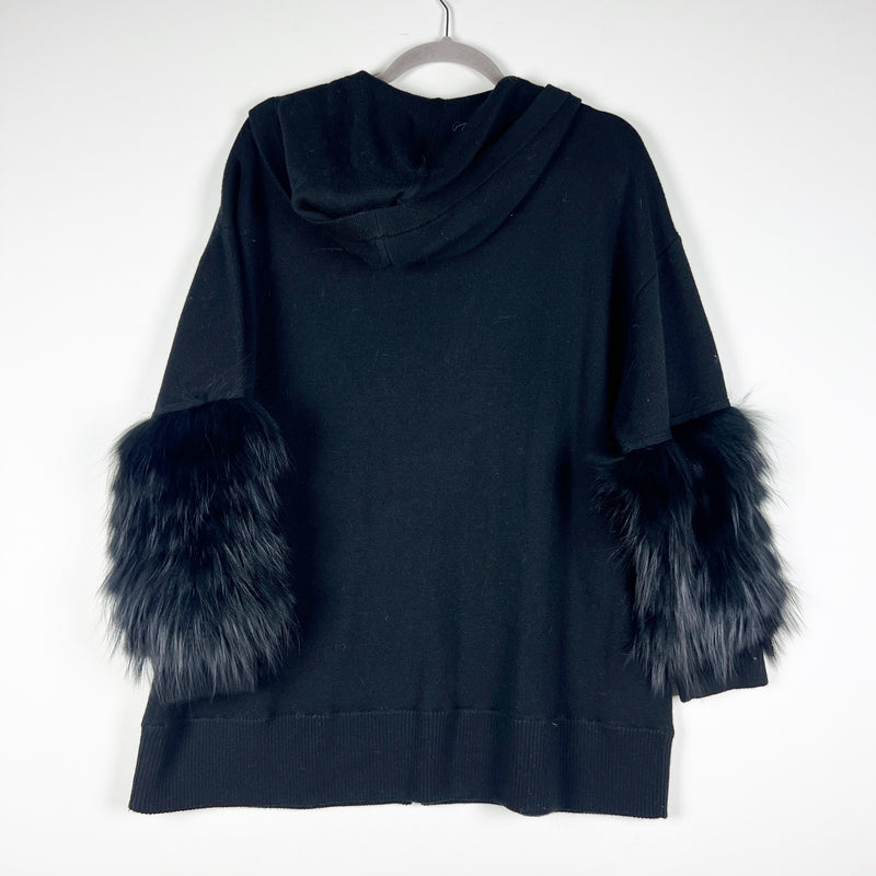 NEW Alice + Olivia Joey Wool Blend Stretch Knit Fox Fur Trim Hoodie Sweater M