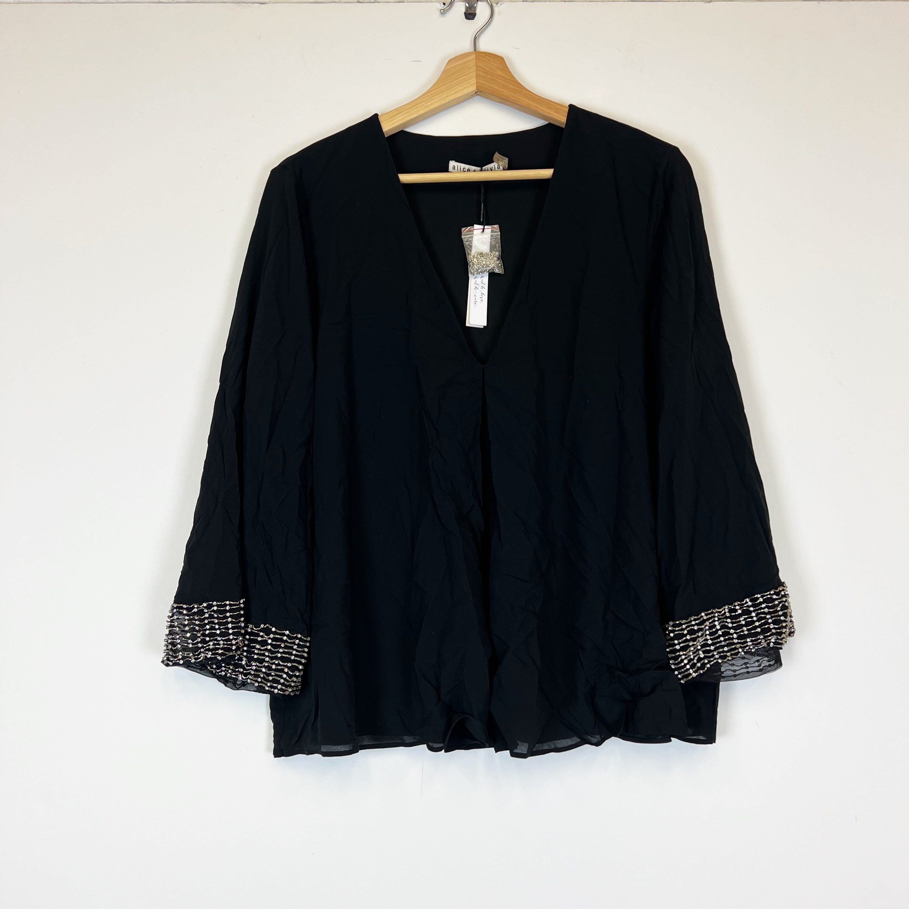 NEW Alice And Olivia Silk Chiffon Beaded Jewel Crystal Detail Cuff Blouse Shirt