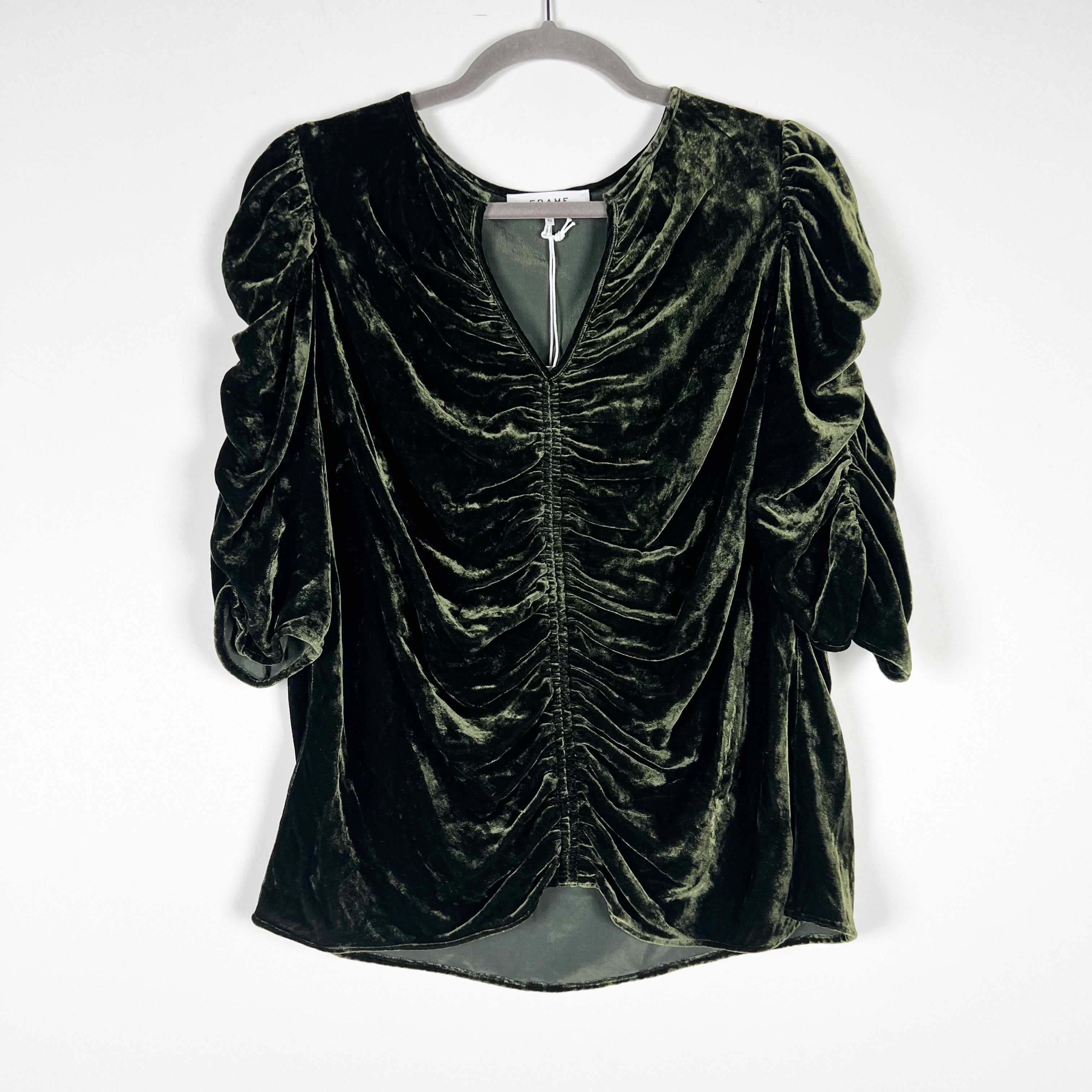 NEW Frame Shirred Ruched Keyhole Half Sleeve Velvet Velour Emerald Green Top XL