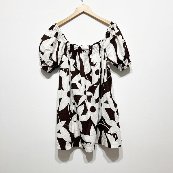 NEW Free People Mila Cotton Lightweight Smocked Puff Sleeve Brown Motif Dress M