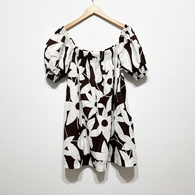 NEW Free People Mila Cotton Lightweight Smocked Puff Sleeve Brown Motif Dress M