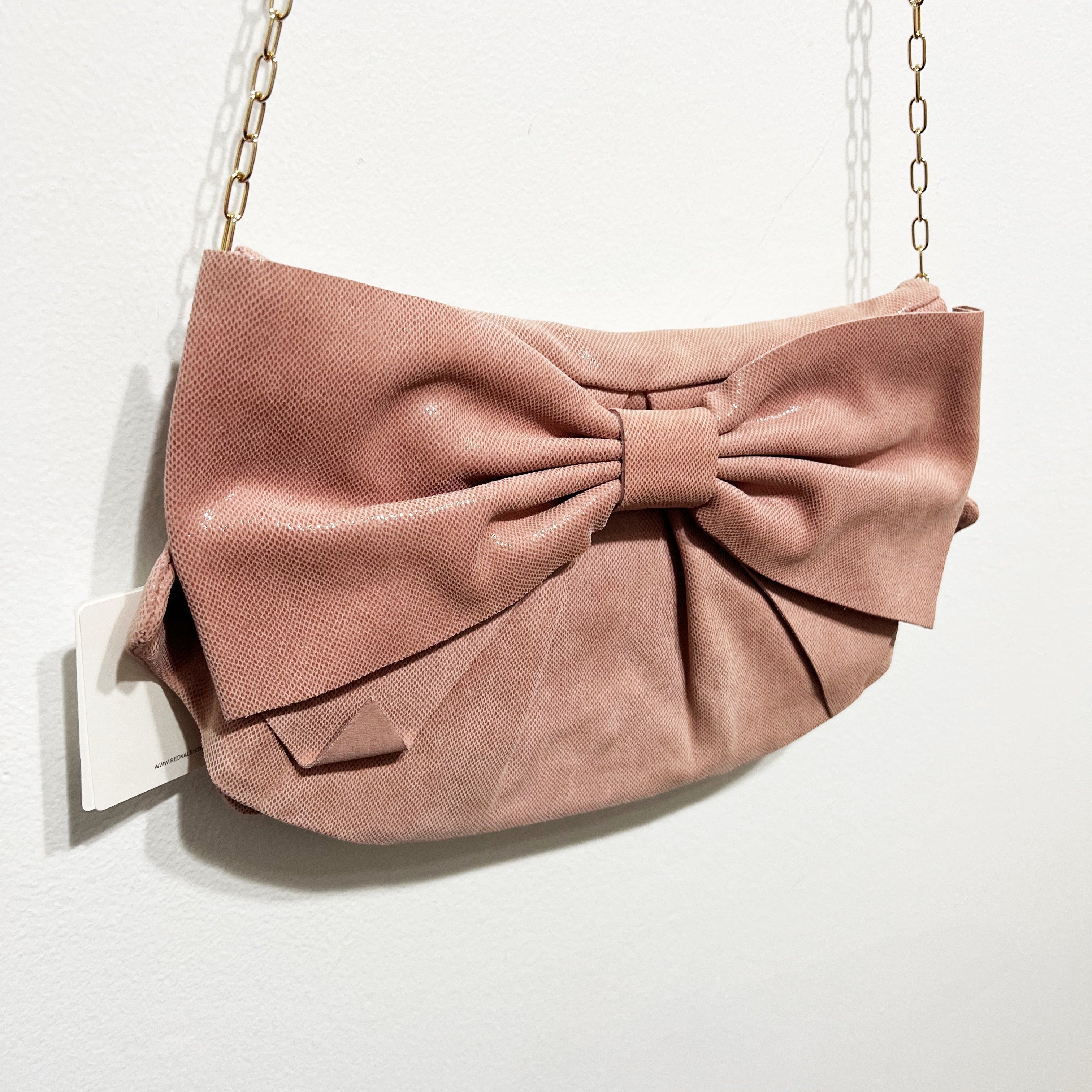 NEW RED Valentino Glossy Textured Genuine Leather Oversized Bow Shoulder Purse