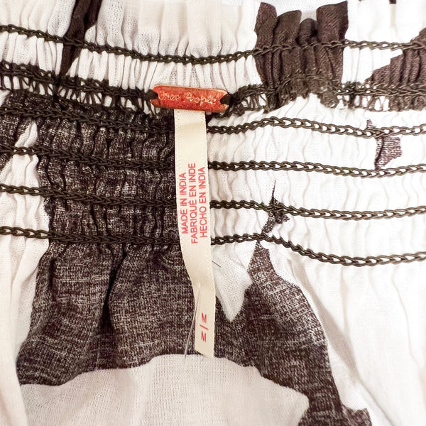 NEW Free People Mila Cotton Lightweight Smocked Puff Sleeve Brown Motif Dress M