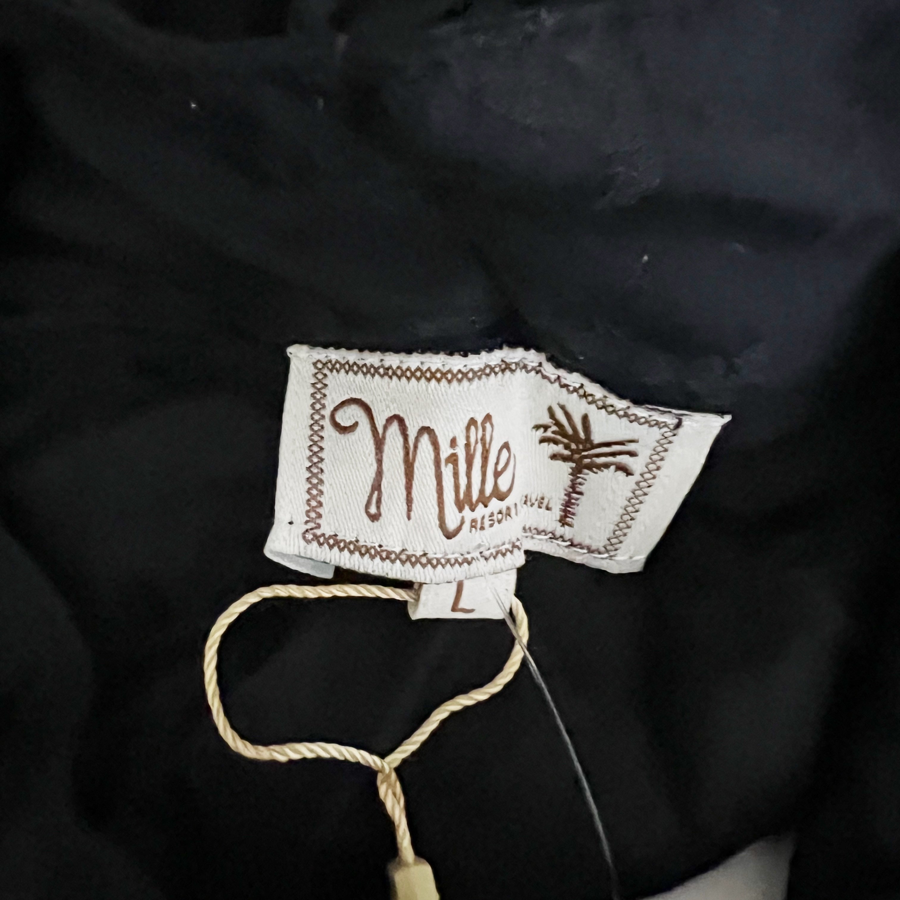 NEW Mille Gigi Top Long Sleeve Button Down Tie Neck Black Jacquard Blouse Large