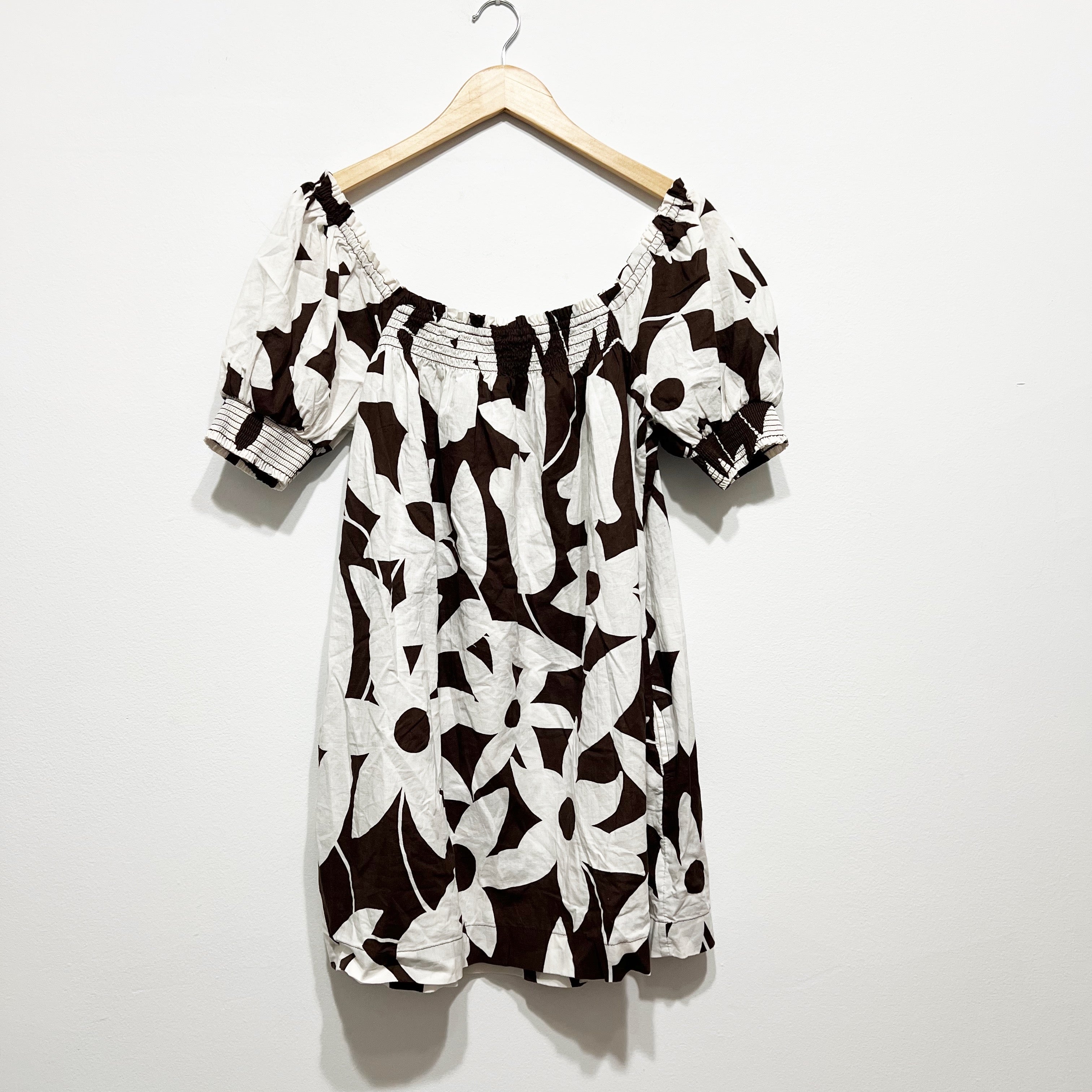 NEW Free People Mila Cotton Lightweight Smocked Puff Sleeve Brown Motif Dress M
