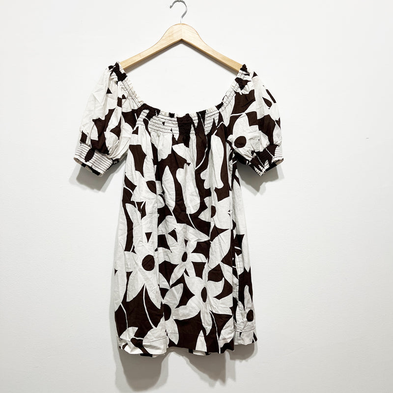 NEW Free People Mila Cotton Lightweight Smocked Puff Sleeve Brown Motif Dress M