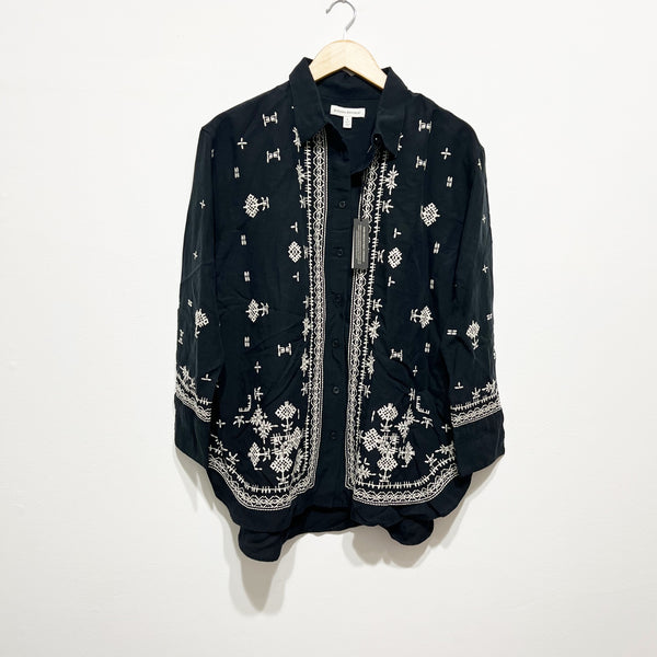 NEW Banana Republic Oversized Embroidered Tencel Linen Button Down Shirt Black L