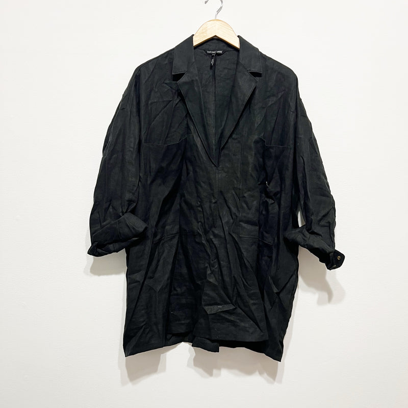 Marissa Webb Amanda Blazer Linen Tunic Quarter Sleeve V Neck Black Medium