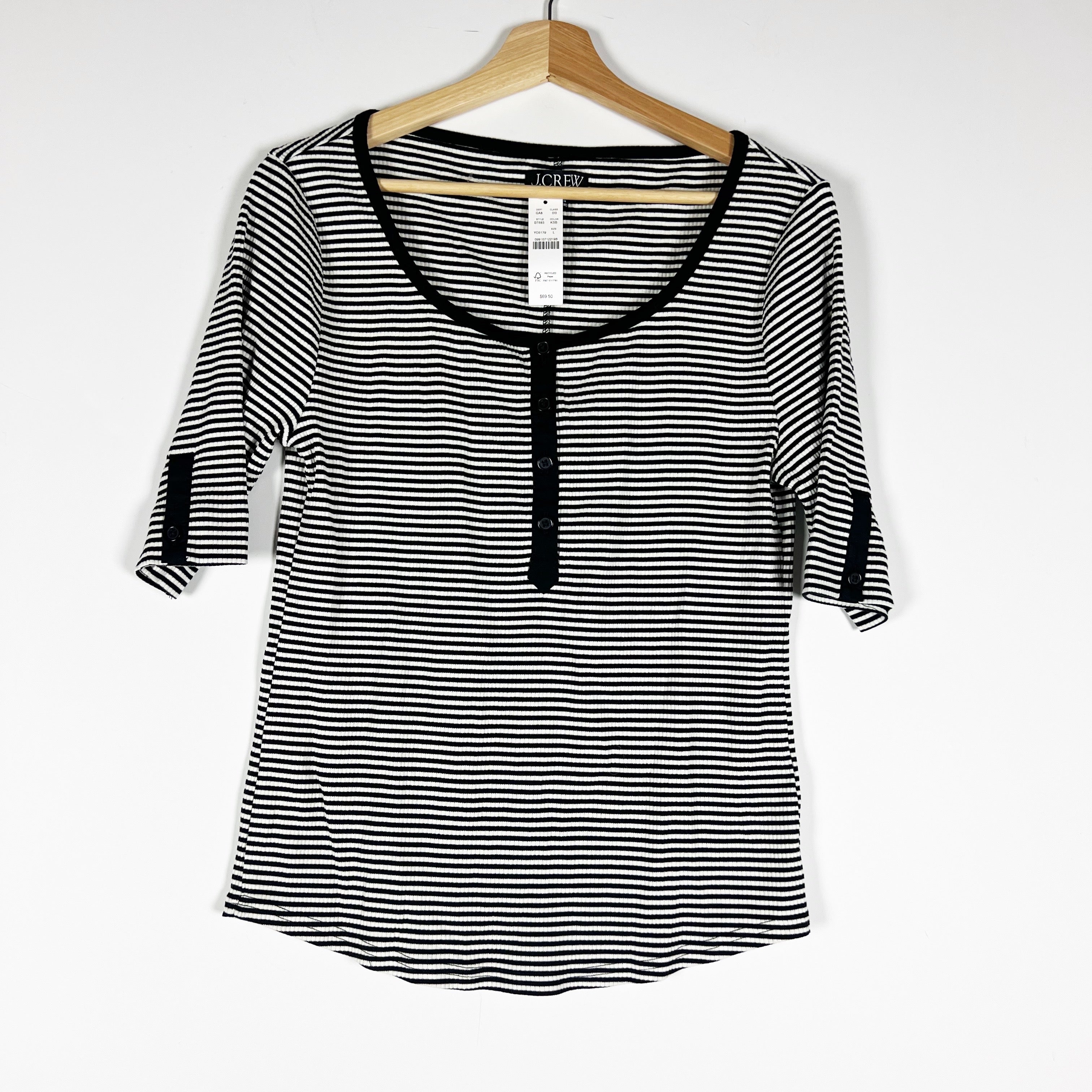 NEW J. Crew Vintage Rib Henley Knit Stretch Scoop Neck T-Shirt In Stripe Large