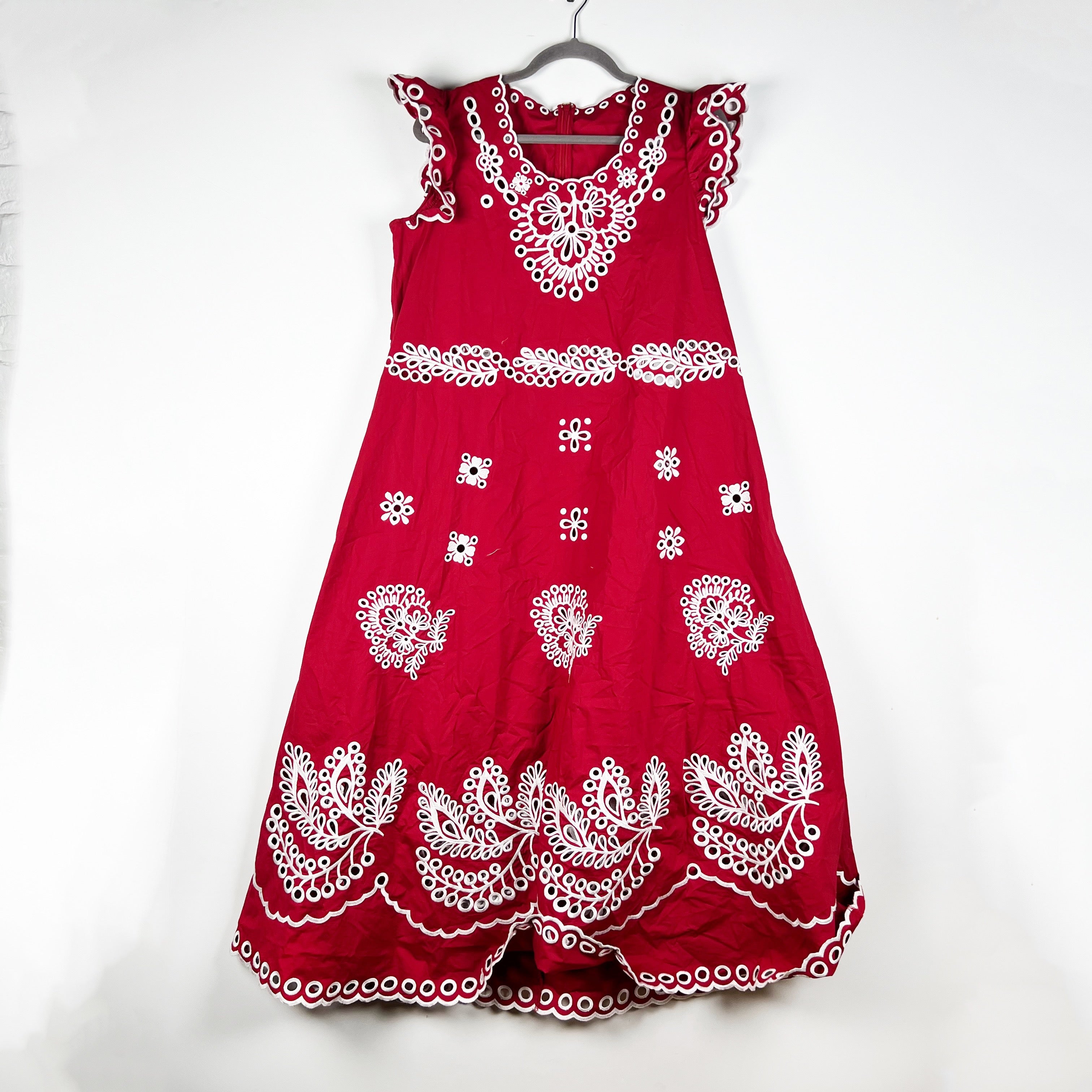 NEW Valentino Eyelet Embroidered Flutter Sleeve Tent A Line Midi Dress Cherry 14