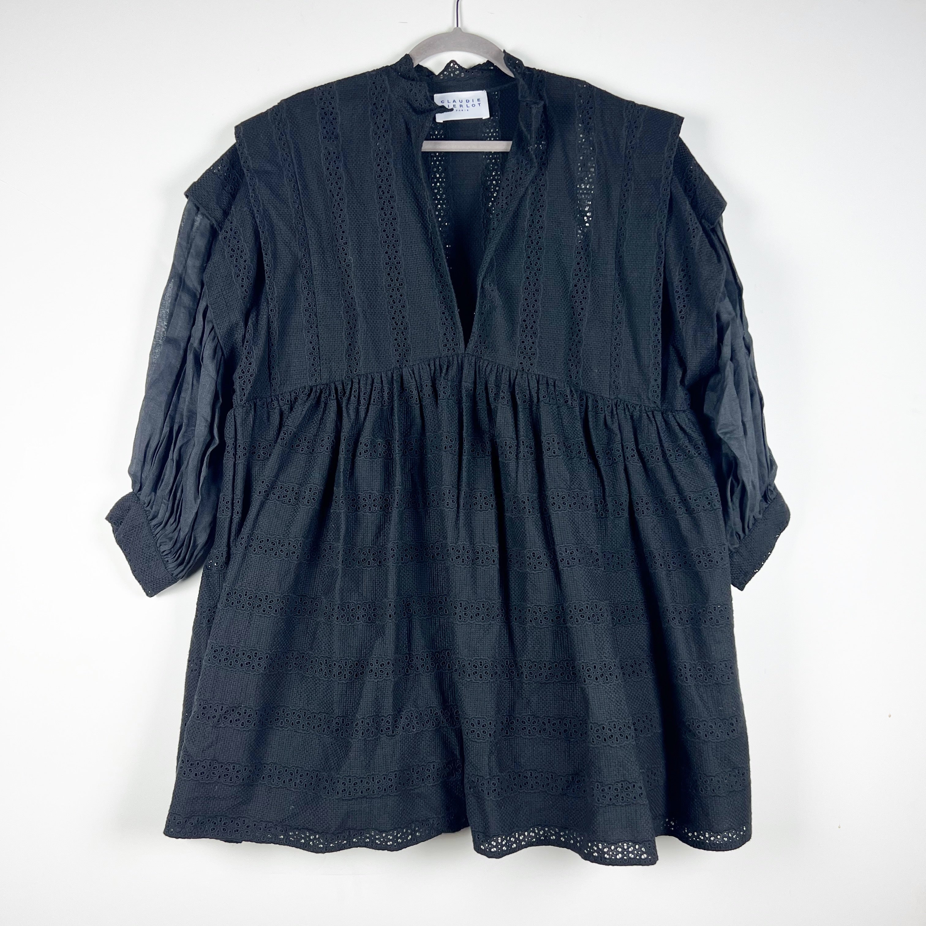 NEW Claudie Pierlot Paris Russe Cotton Crochet Perforated Ruffle Dress Black L