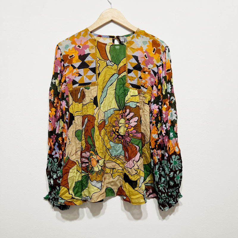 NEW BL-NK Miranda Peasant Multi Print Pattern Long Sleeve Blouse Maize Pail L