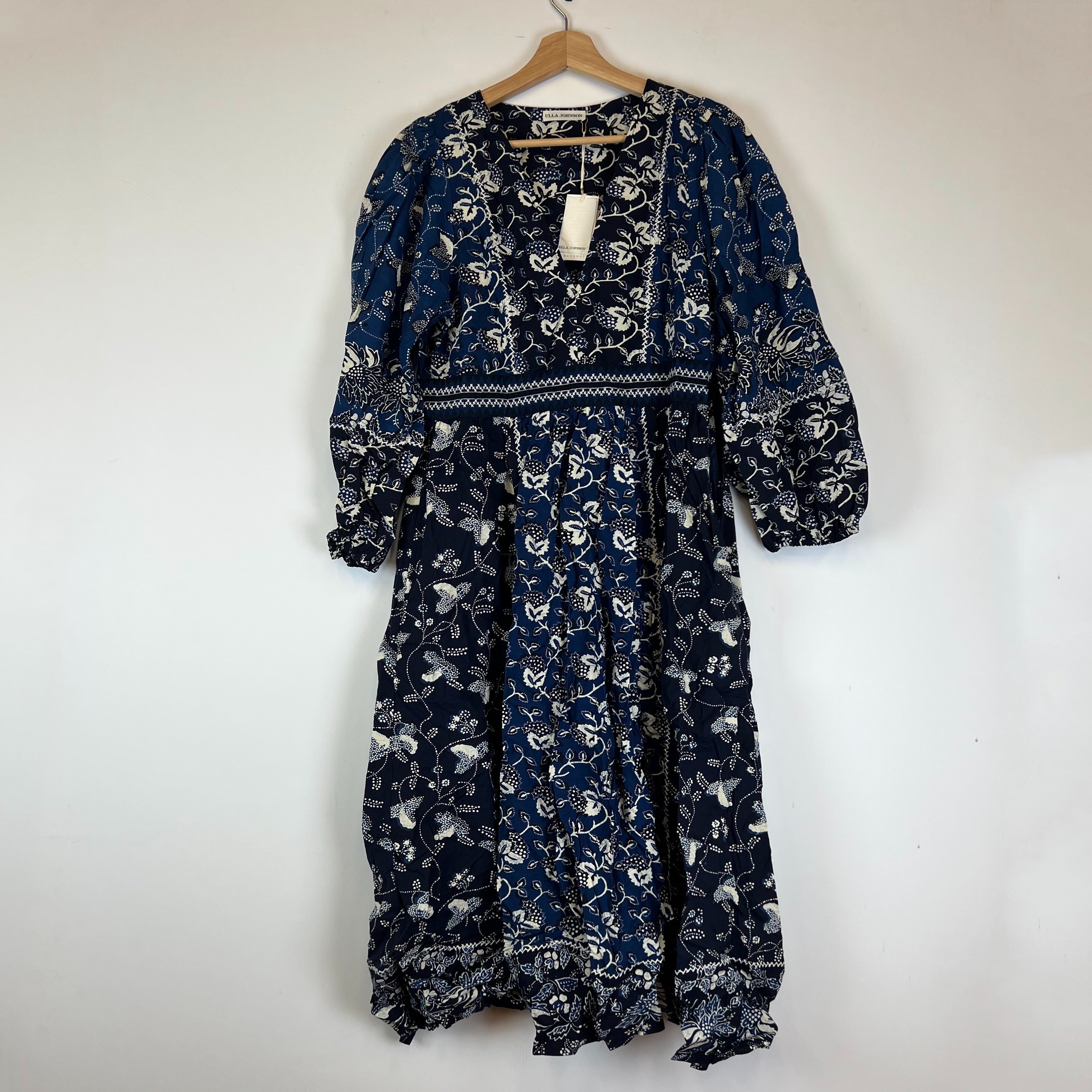 NEW Ulla Johnson Iona Cotton Tiered Indigo Floral Flower Patchwork Dress 10