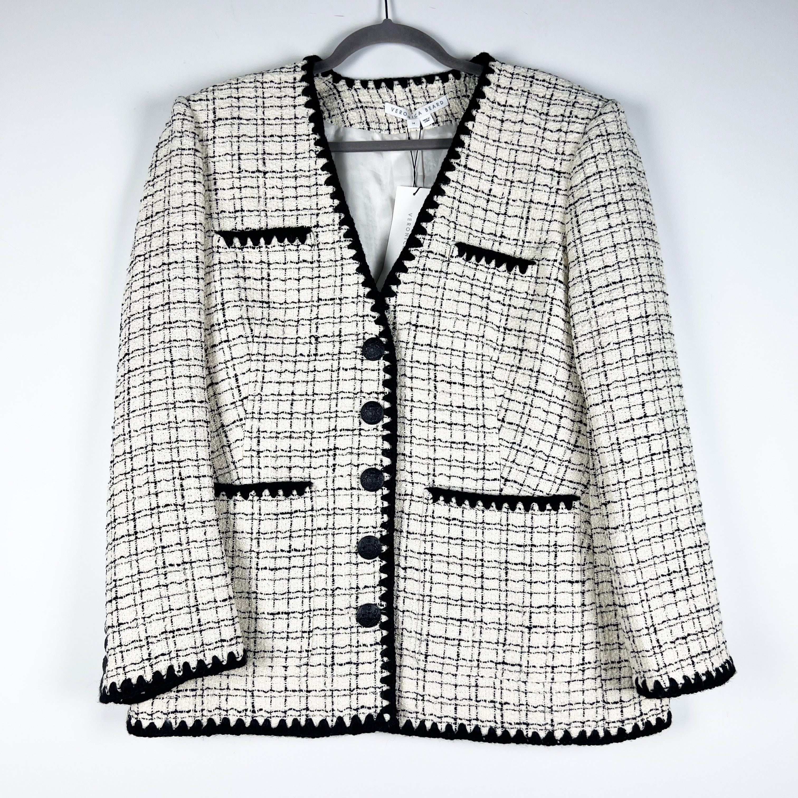 NEW Veronica Beard Albia Wool Cotton Tweed Wool Boucle Woven Black White Blazer