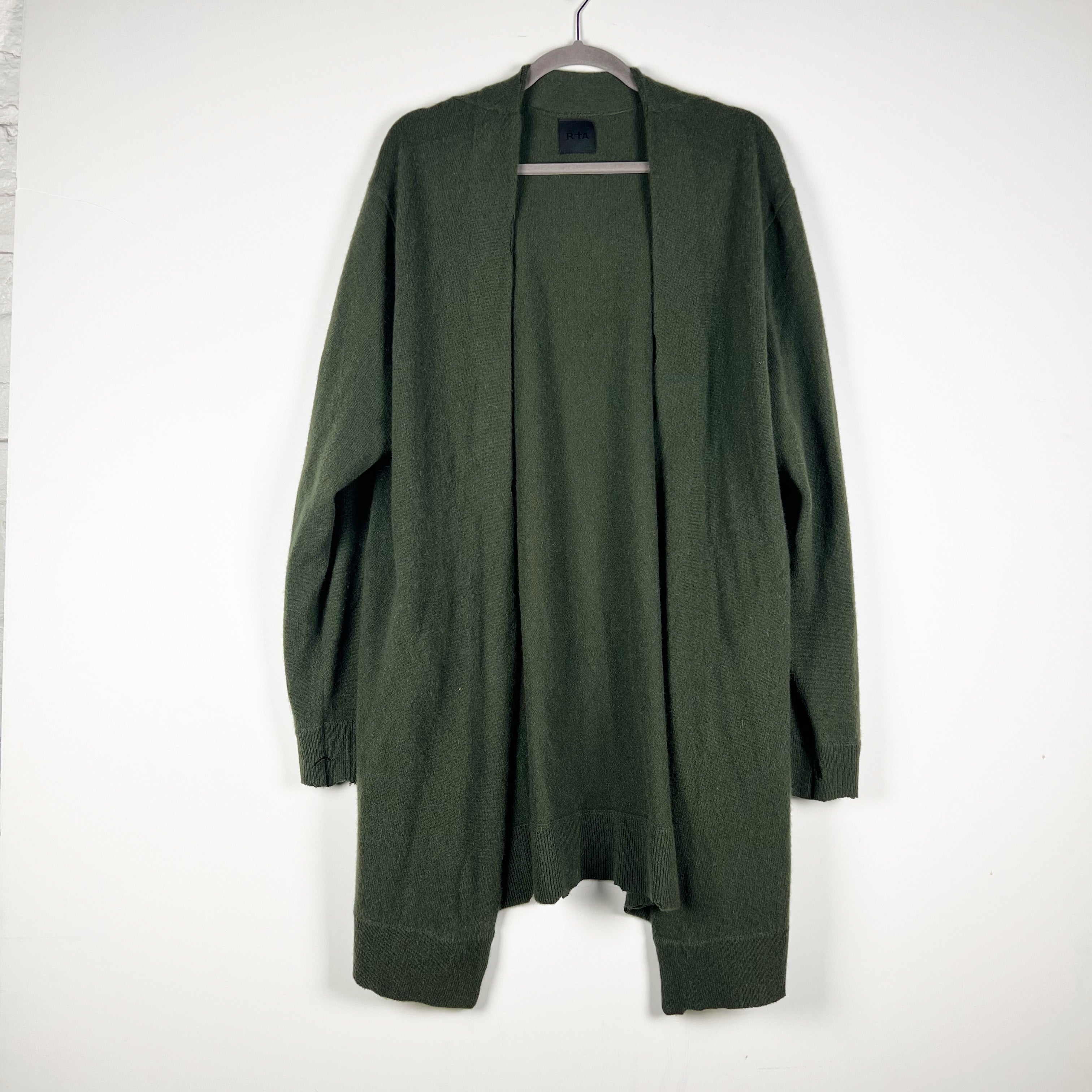 NEW RTA 100% Cashmere Knit Stretch Open Front Long Sleeve Cardigan Sweater Green