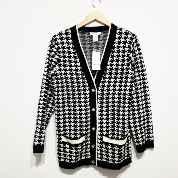 NEW Design History Women's Two Toned Houndstooth Cardigan Sweater Black White L
