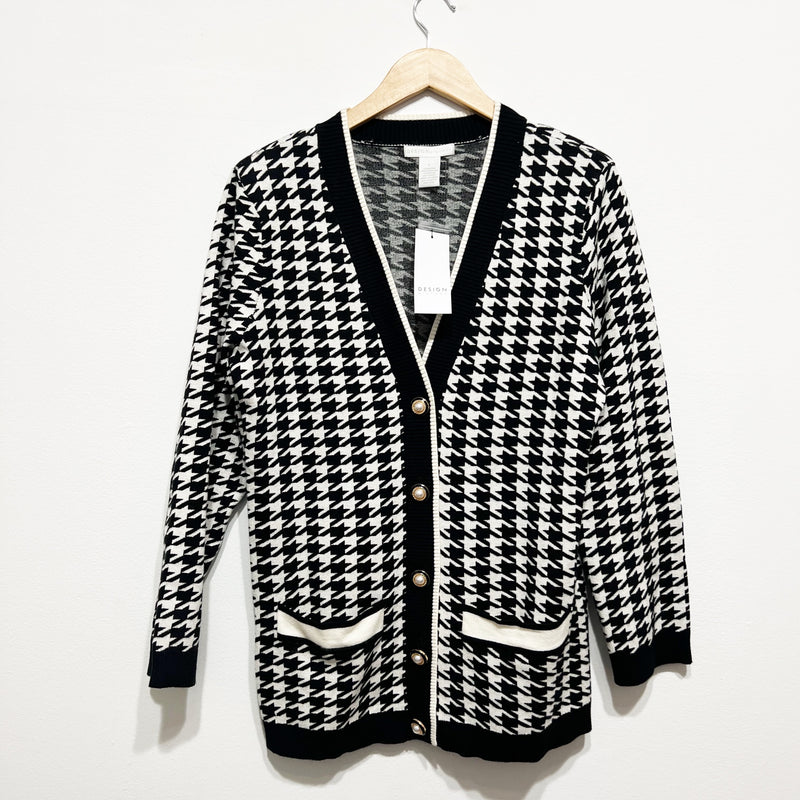 NEW Design History Women's Two Toned Houndstooth Cardigan Sweater Black White L