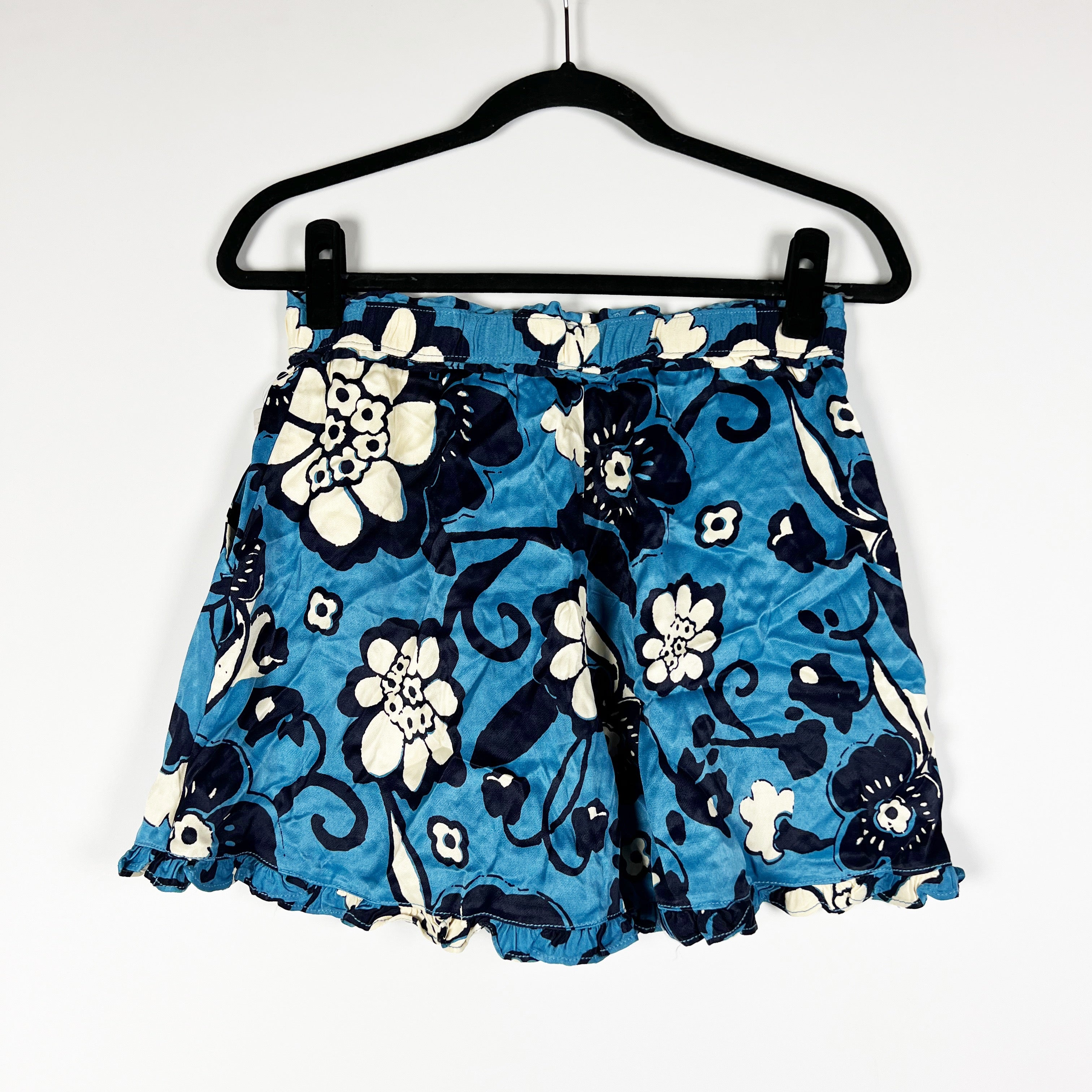 NEW Maeve Anthropologie Blue White Floral Flower Print Pattern Mini Ruffle Short