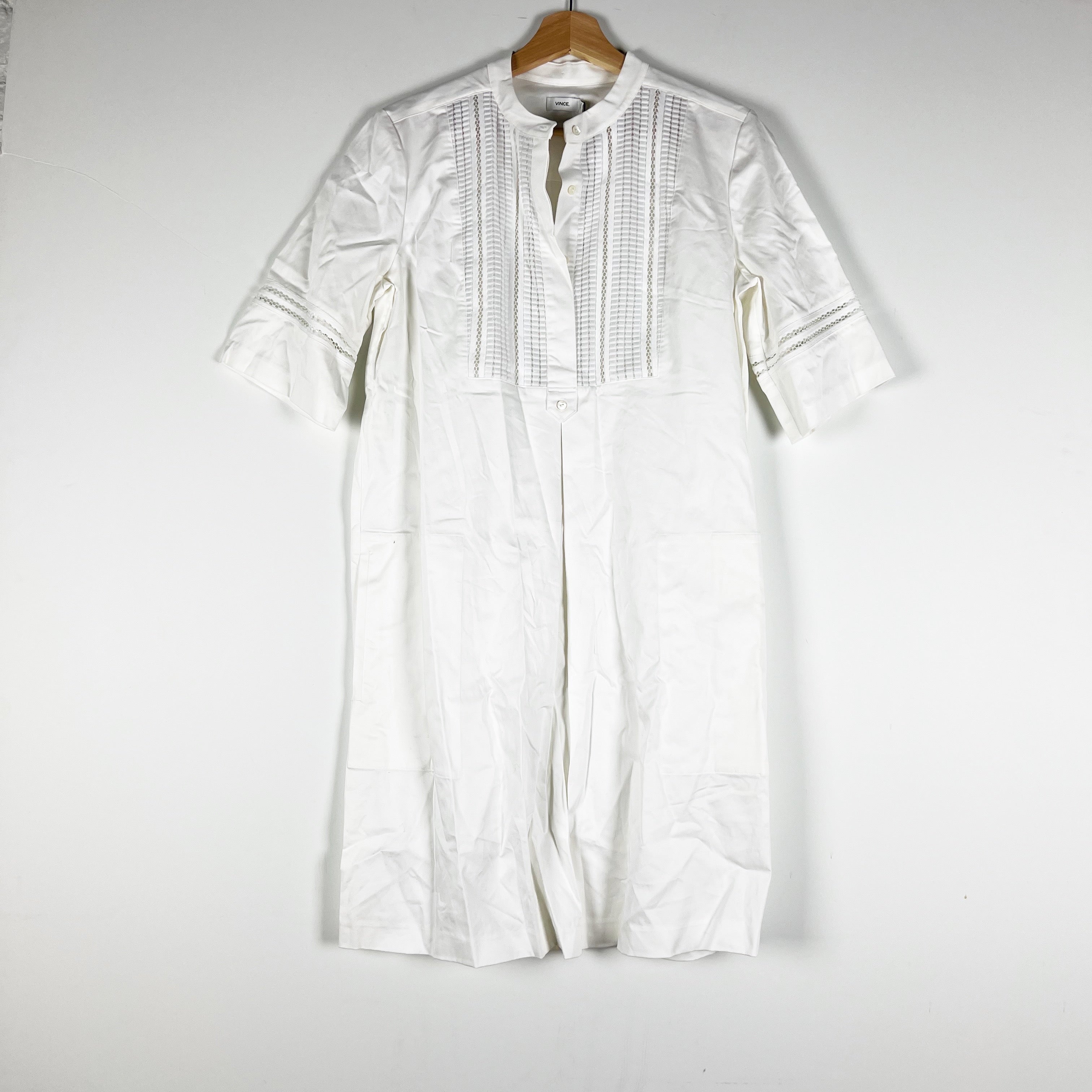 NEW Vince Cotton Poplin V Neck Short Sleeve Pullover Mini Dress White Medium