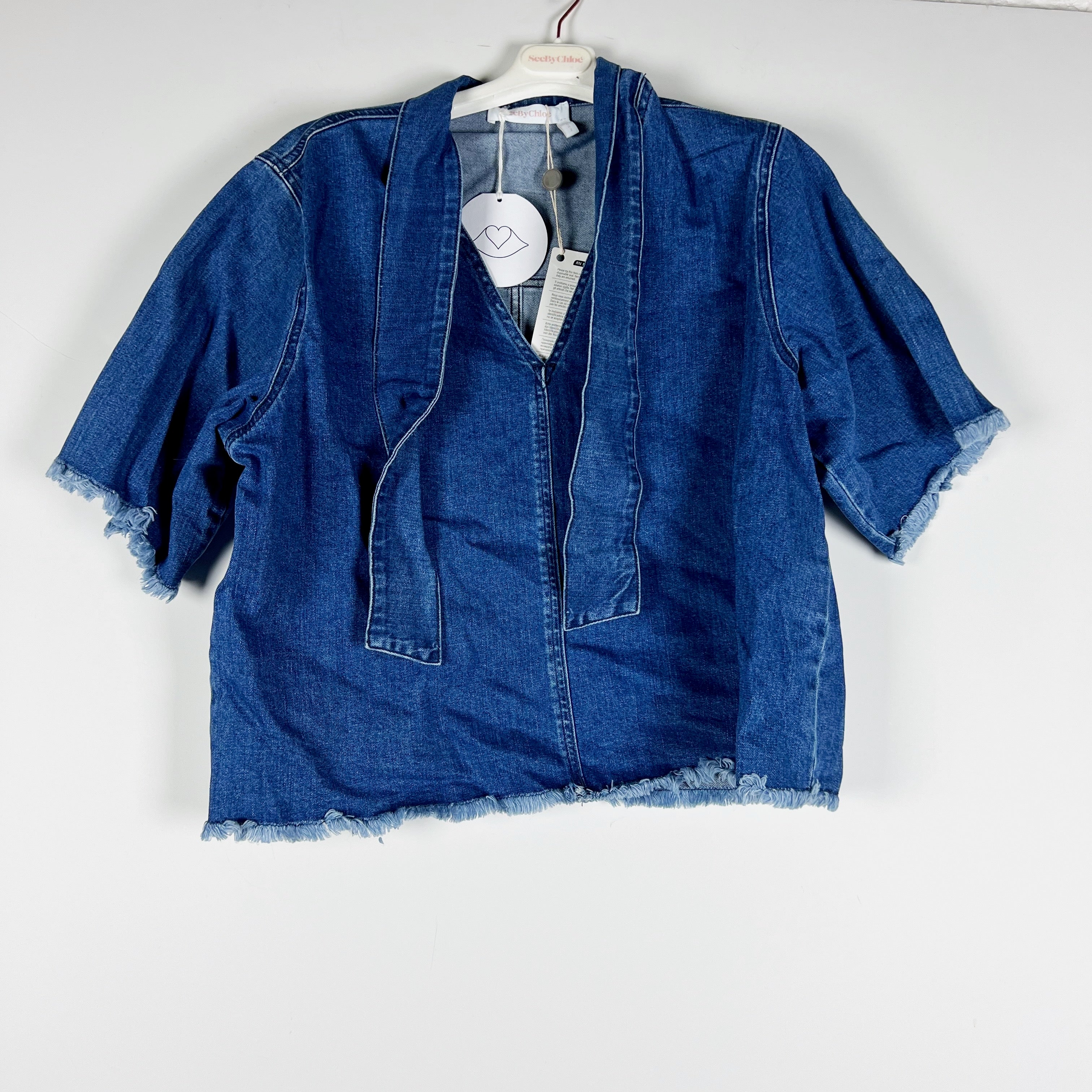 NEW See By Chloe Made In Italy Cotton Stretch Denim Jean Tie Neck Blouse Shirt