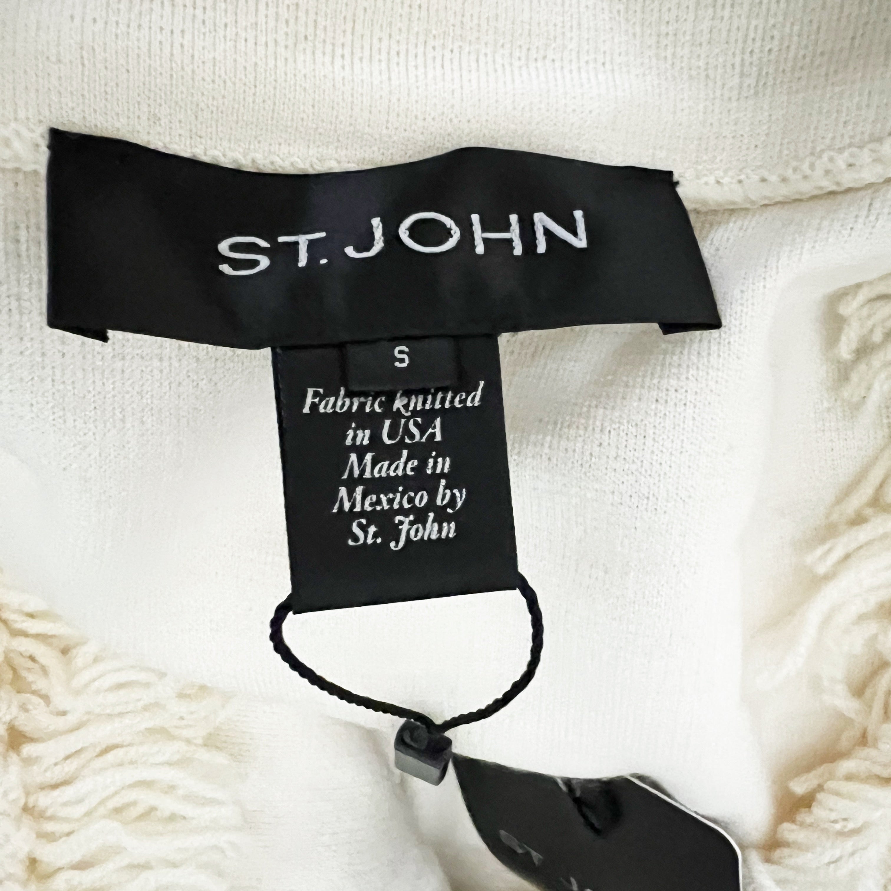 NEW St. John Wool Blend Knit Stretch Open Front Fringe Cardigan Sweater Cream S