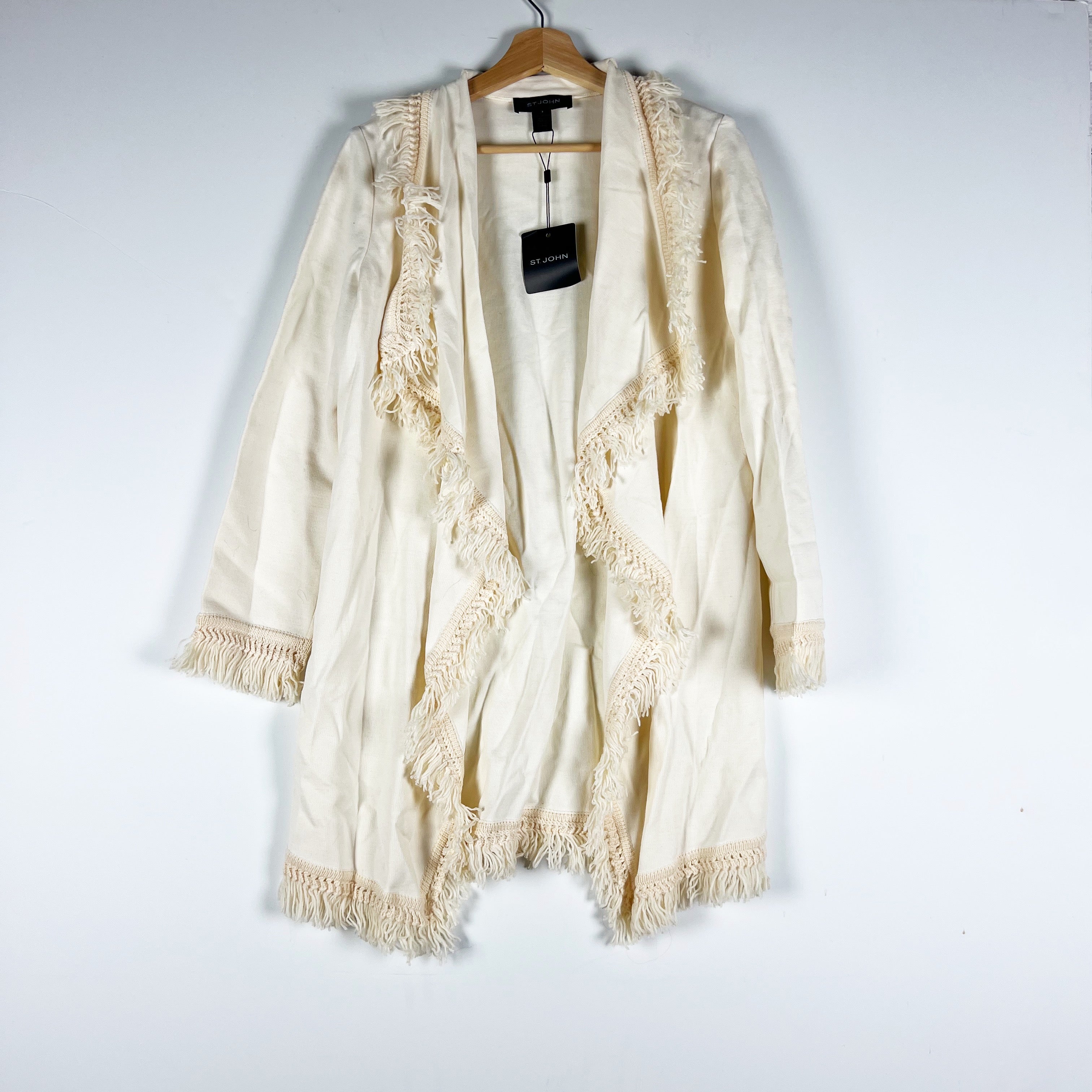 NEW St. John Wool Blend Knit Stretch Open Front Fringe Cardigan Sweater Cream S