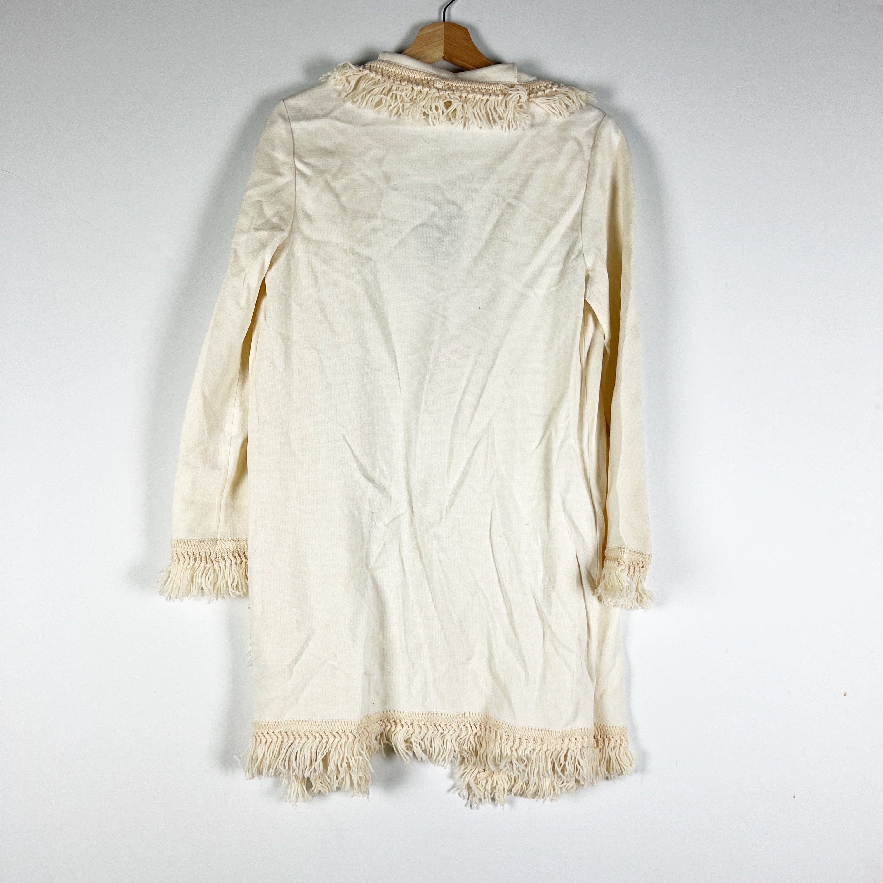 NEW St. John Wool Blend Knit Stretch Open Front Fringe Cardigan Sweater Cream S