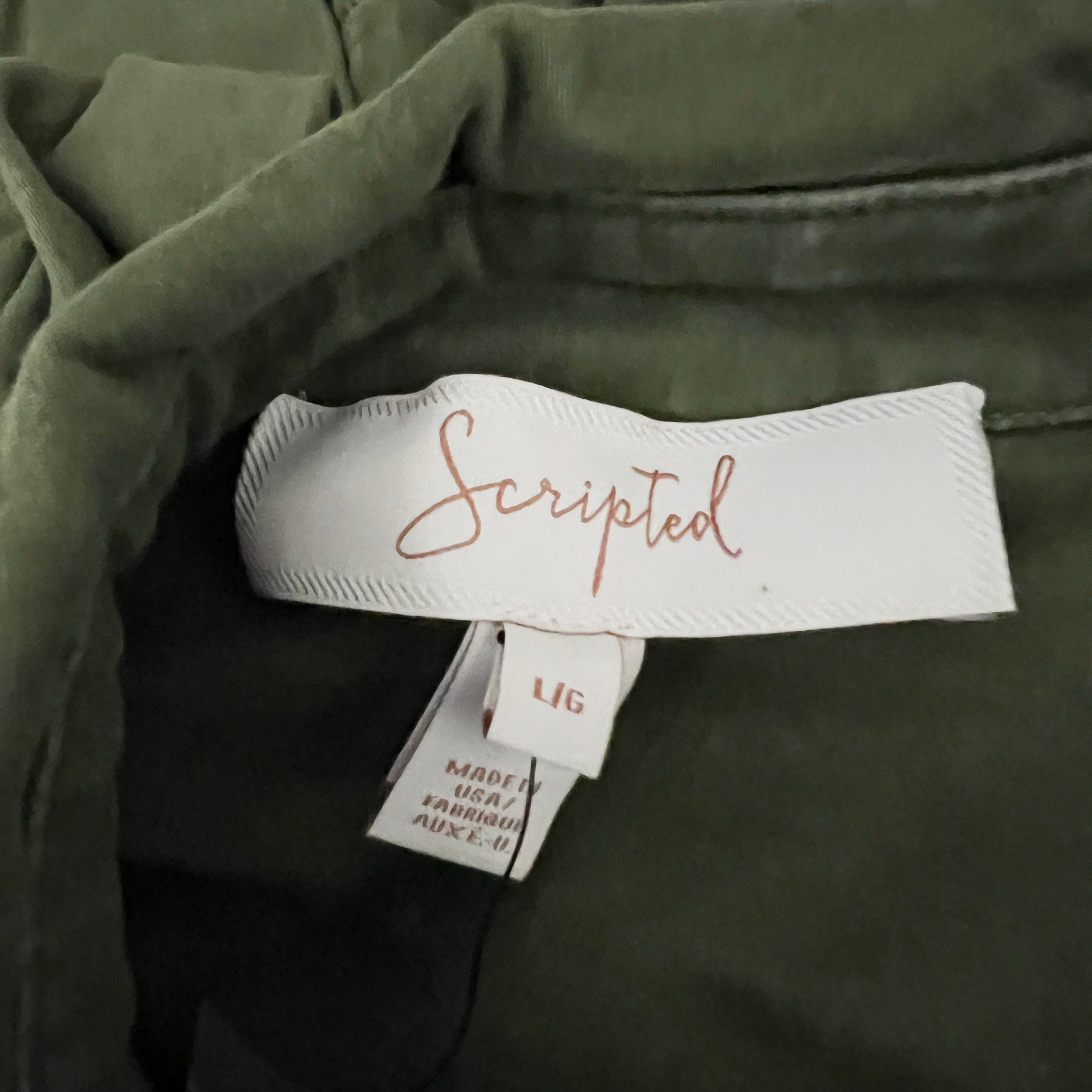 NEW Scripted Cotton Blend Ruffle Hem Button Front Collared Jacket Fatigue Green