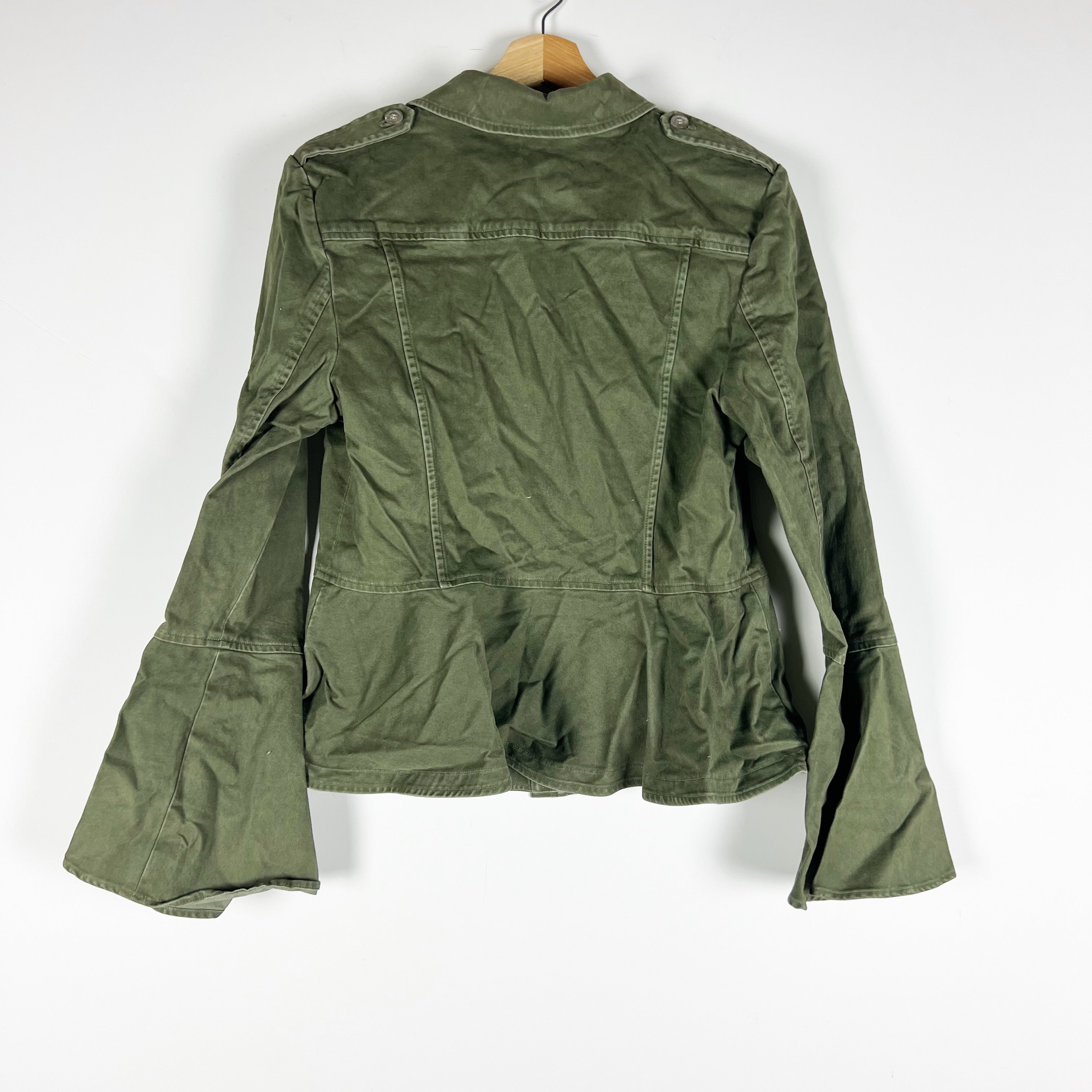 NEW Scripted Cotton Blend Ruffle Hem Button Front Collared Jacket Fatigue Green