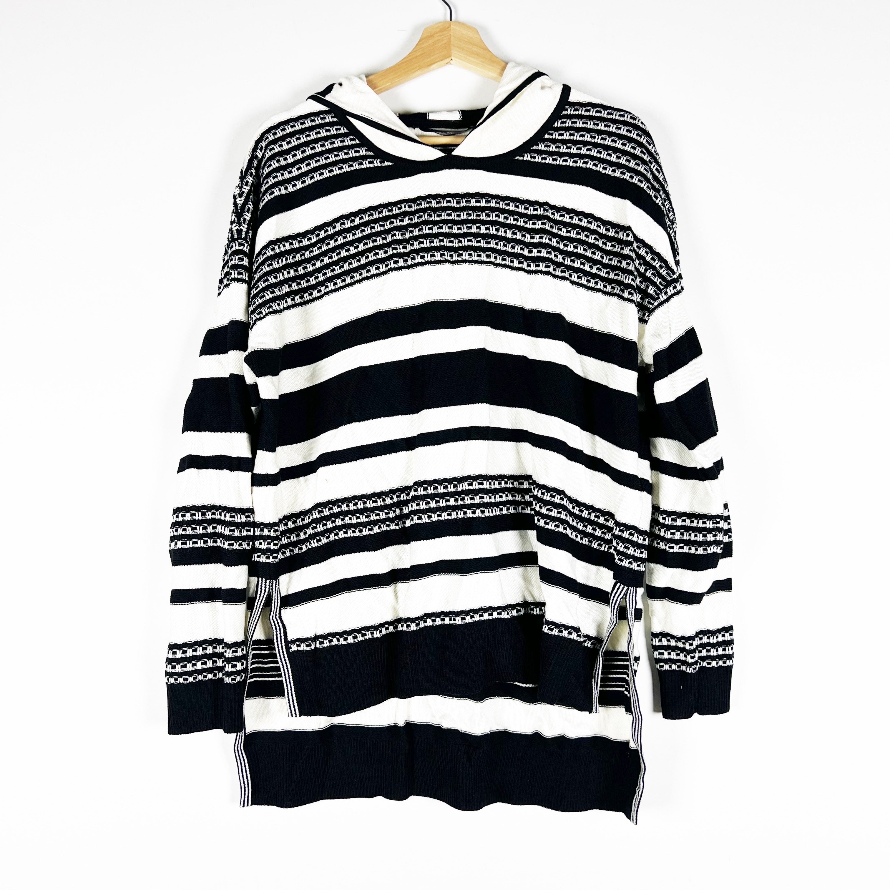 St. John Women's Wool Cashmere Knit Stretch Textured Woven Hoodie Sweater Large