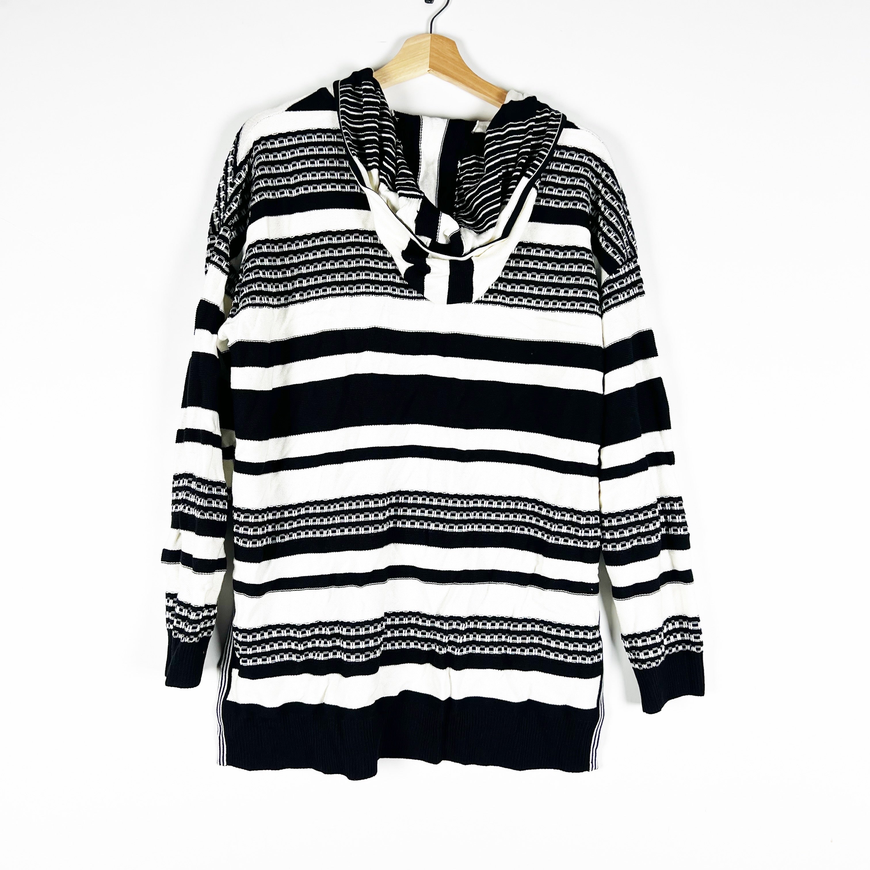 St. John Women's Wool Cashmere Knit Stretch Textured Woven Hoodie Sweater Large