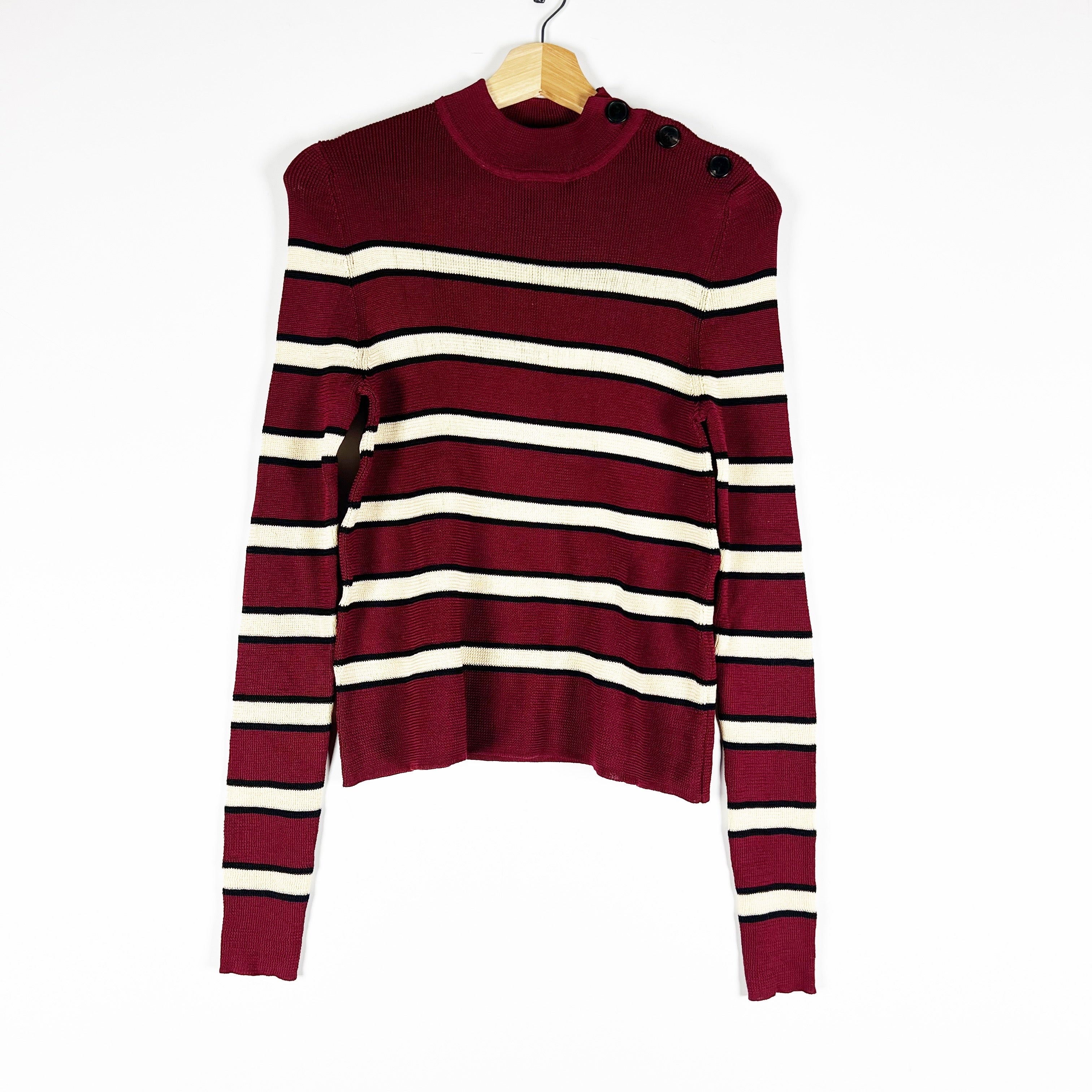 NEW Isabel Marant Devona Mock Neck Button Detail Burgundy Stripe Sweater Large