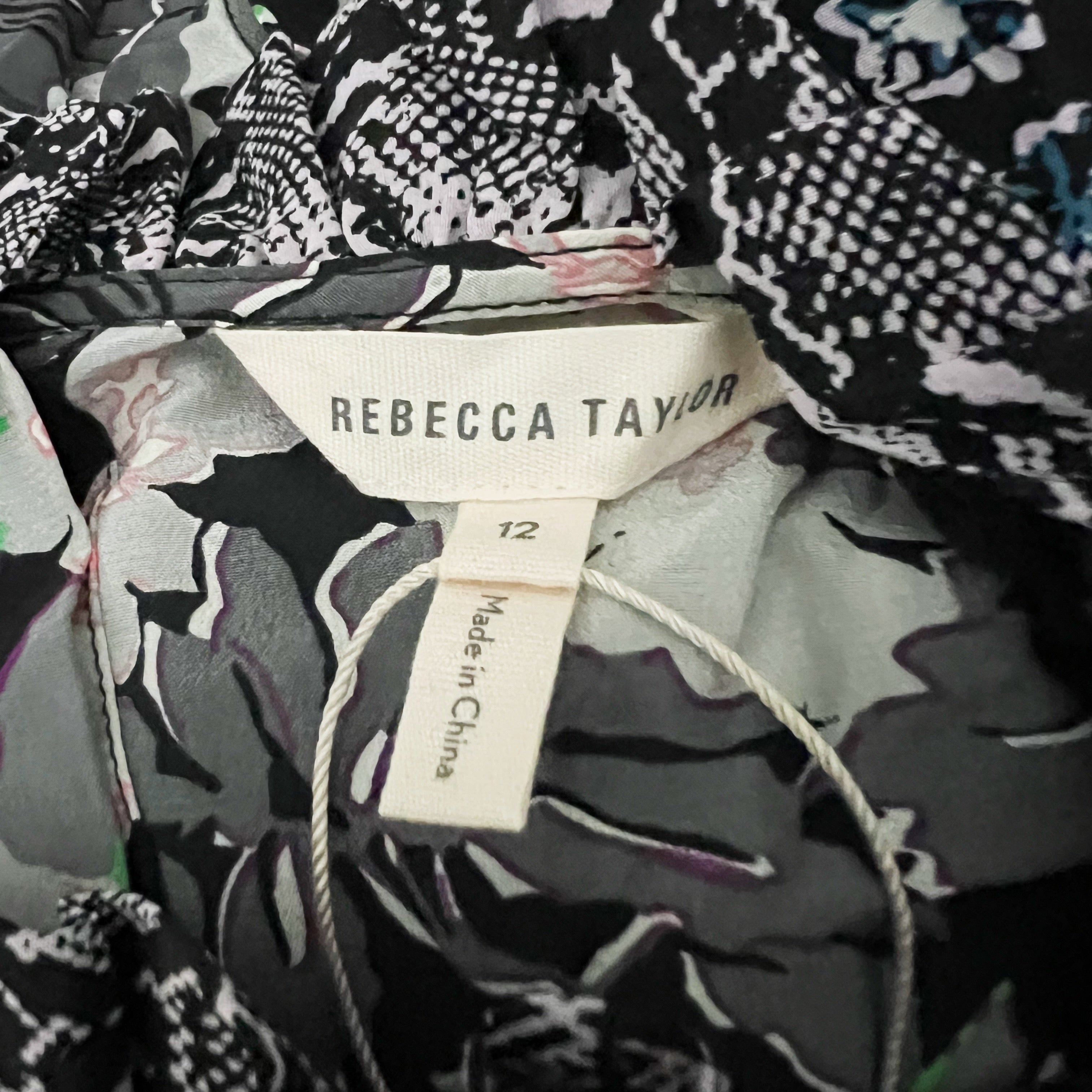 NEW Rebecca Taylor Long Sleeve Patch Print Floral Ruffle Silk Chiffon Blouse Top