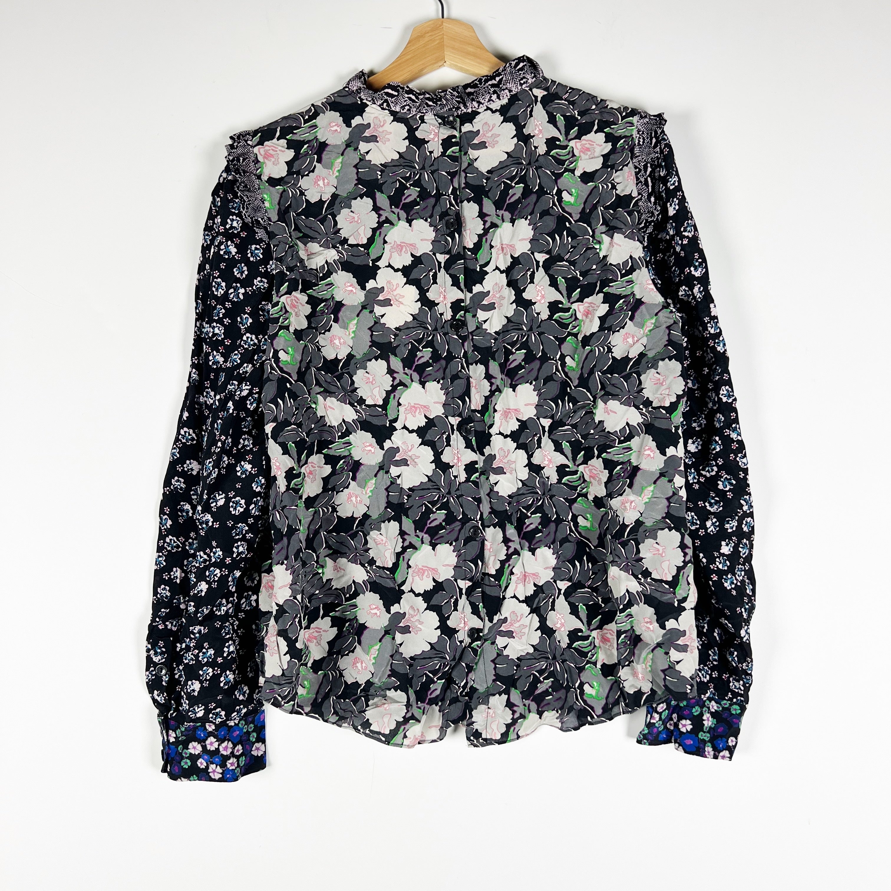 NEW Rebecca Taylor Long Sleeve Patch Print Floral Ruffle Silk Chiffon Blouse Top