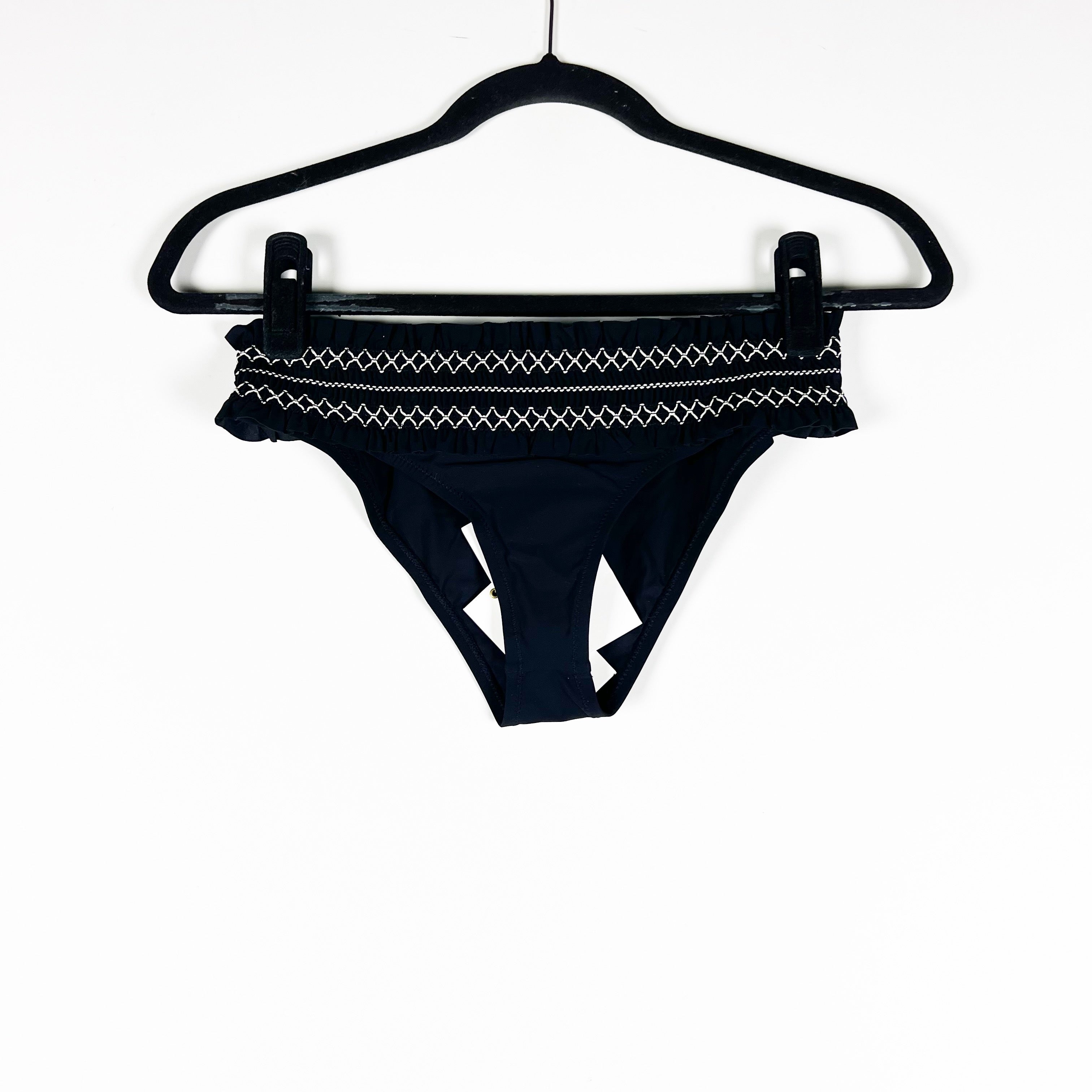 NEW Tory Burch Costa Hipster Smocked Swim Bathing Suit Bikini Bottom Black Ivory