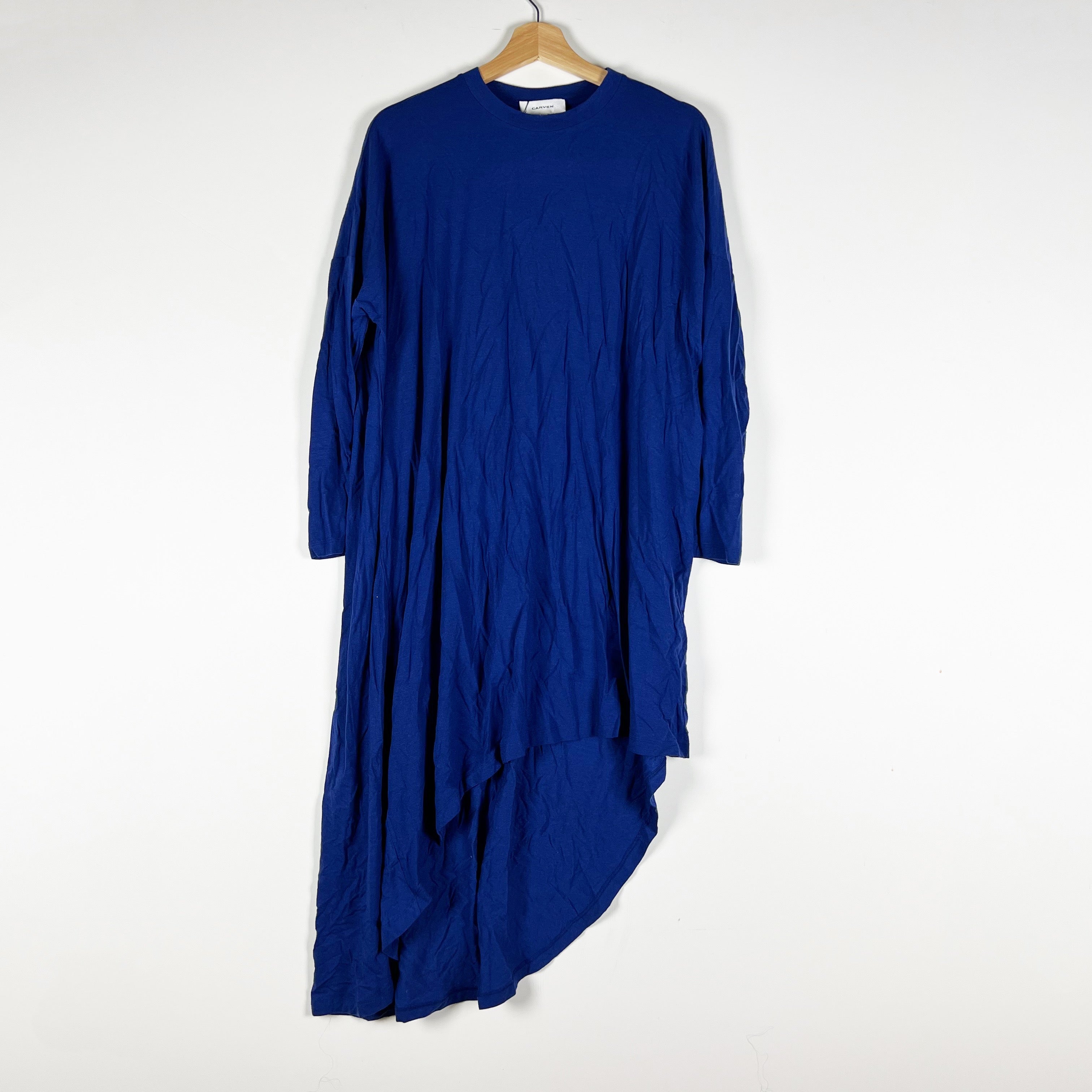 NEW Carven Jersey Stretch Knit Asymmetrical Hem Long Sleeve Tee Shirt Dress Blue