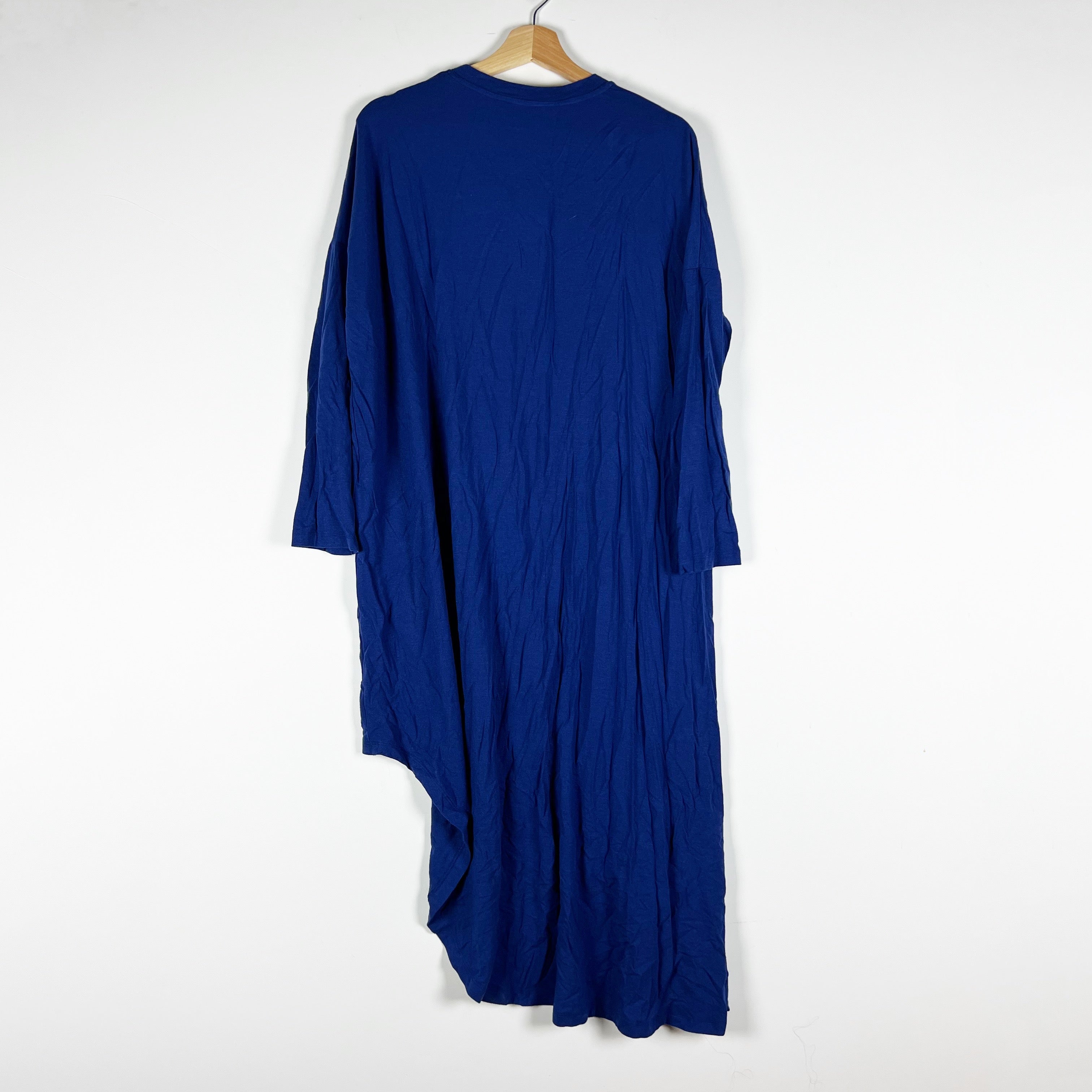NEW Carven Jersey Stretch Knit Asymmetrical Hem Long Sleeve Tee Shirt Dress Blue