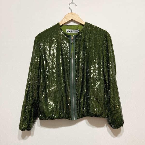 NEW Zara Allover Green Sequin Sparkle Embellished Full Zip Bomber Jacket Small