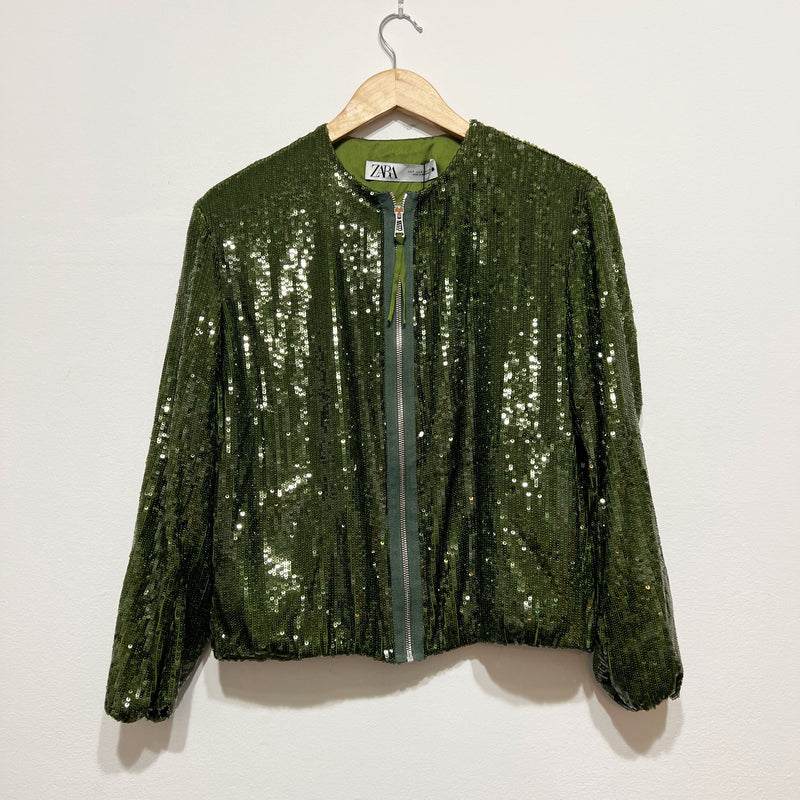 NEW Zara Allover Green Sequin Sparkle Embellished Full Zip Bomber Jacket Small