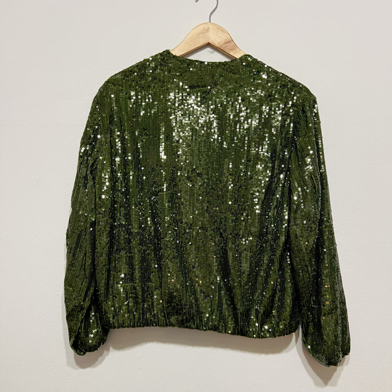 NEW Zara Allover Green Sequin Sparkle Embellished Full Zip Bomber Jacket Small