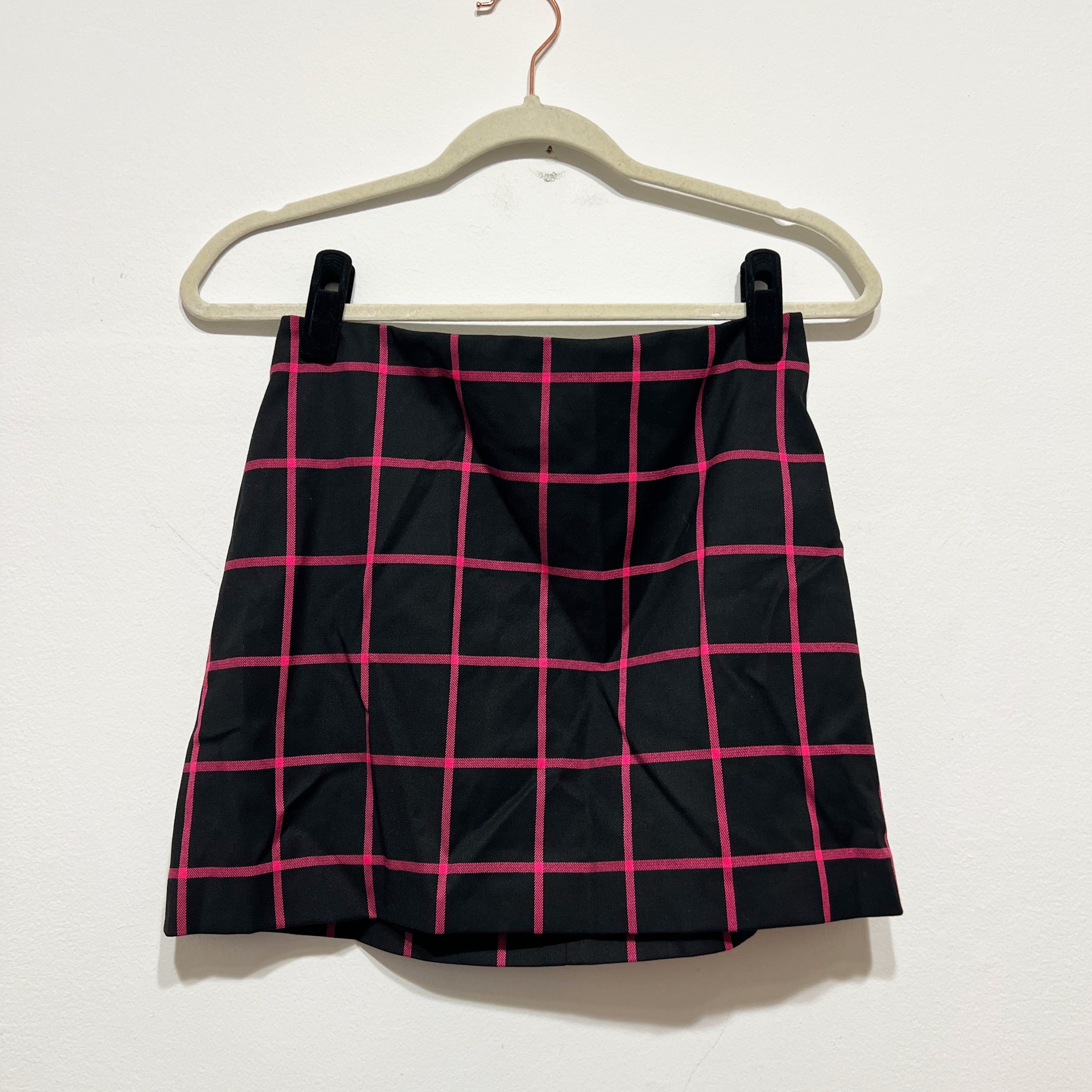 Alice And Olivia Elana Black Pink Checked Plaid Print Pattern Mini Skirt 2