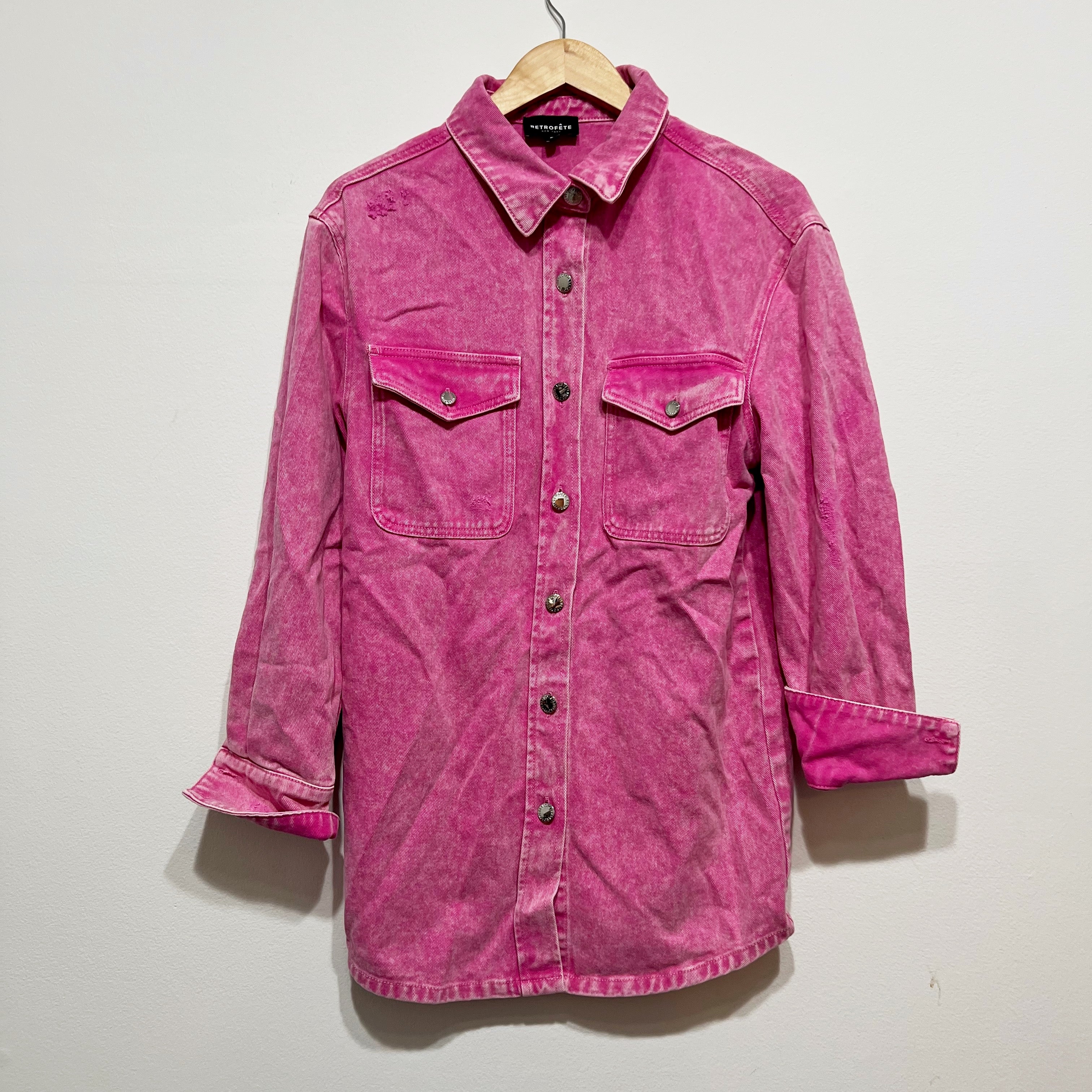 Retrofete Doreen Cotton Denim Jean Collared Button Down Shirt Jacket Pink Small