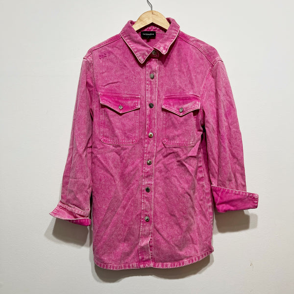 Retrofete Doreen Cotton Denim Jean Collared Button Down Shirt Jacket Pink Small