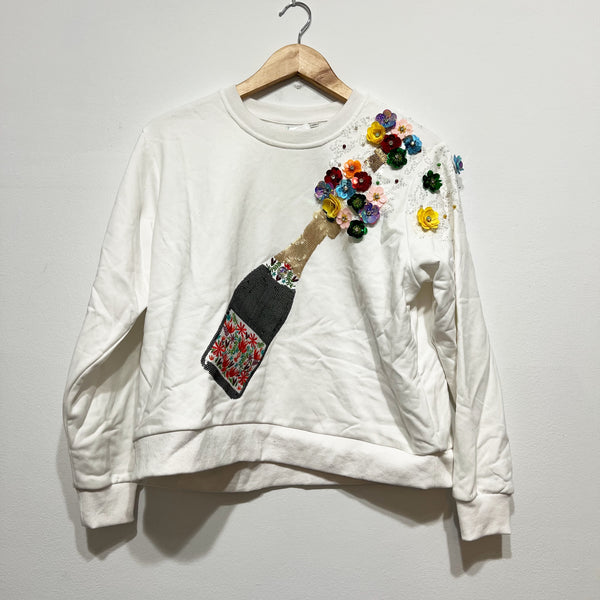 Queen Of Sparkles Popping Champagne Sequin Pearl Crystal Embellished Sweater XS