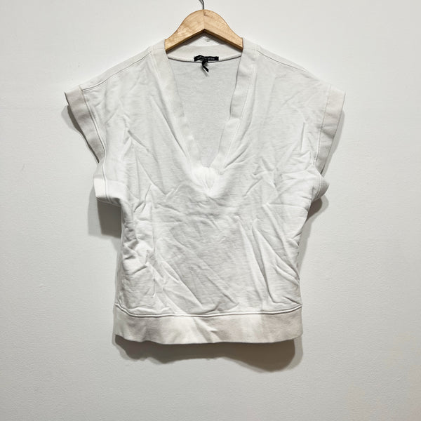 Marissa Webb Cotton Terry Lined V Neck Short Sleeve Pullover Sweater Top White